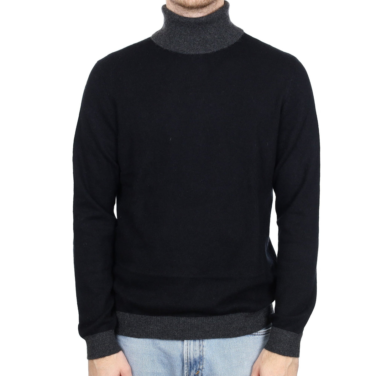 Men's Black and Charcoal Cashmere Polo Neck Jumper Large