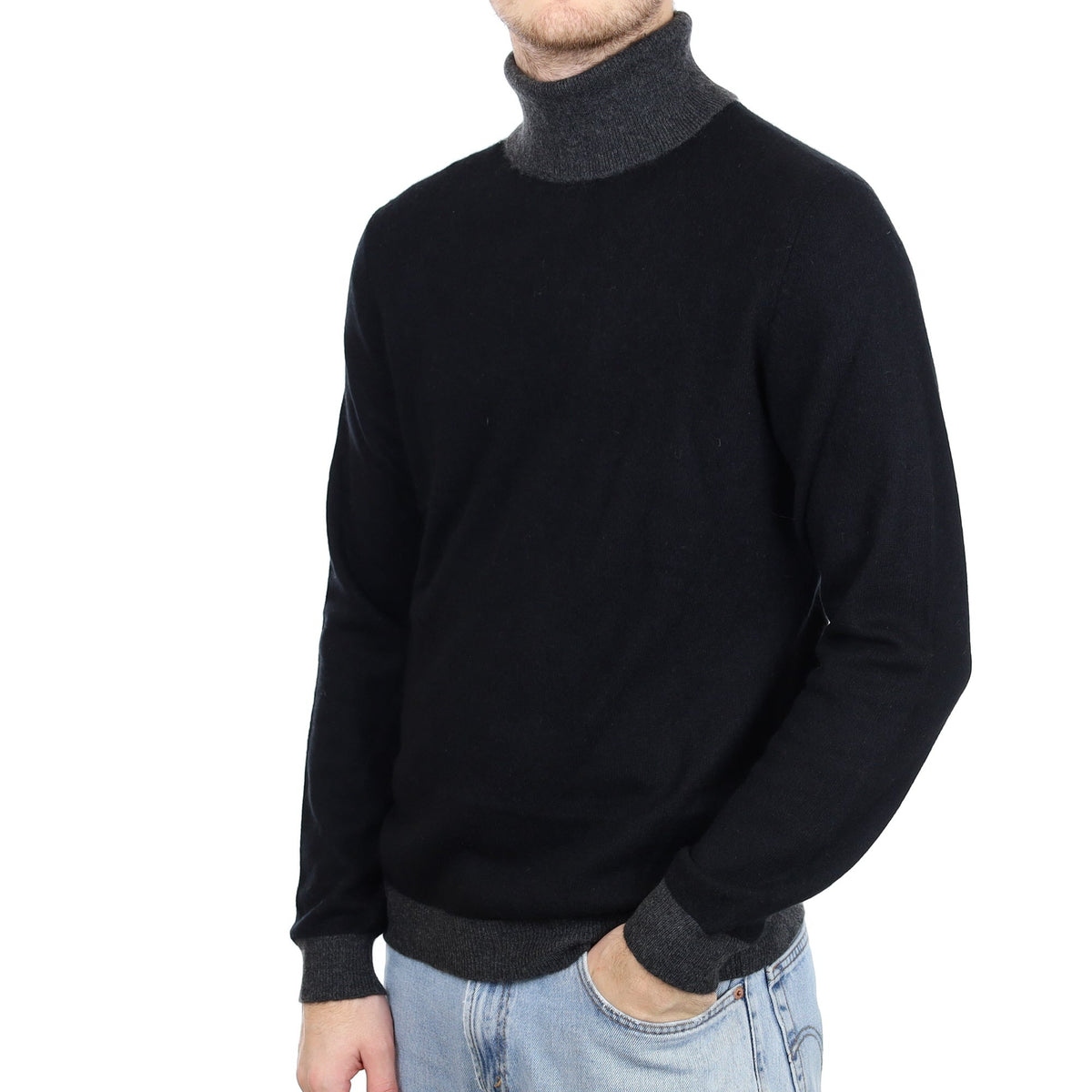 Men's Black and Charcoal Cashmere Polo Neck Jumper Large