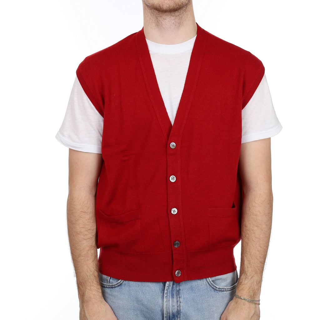 Men's Scottish Red Cashmere Sleeveless V Neck Cardigan Large