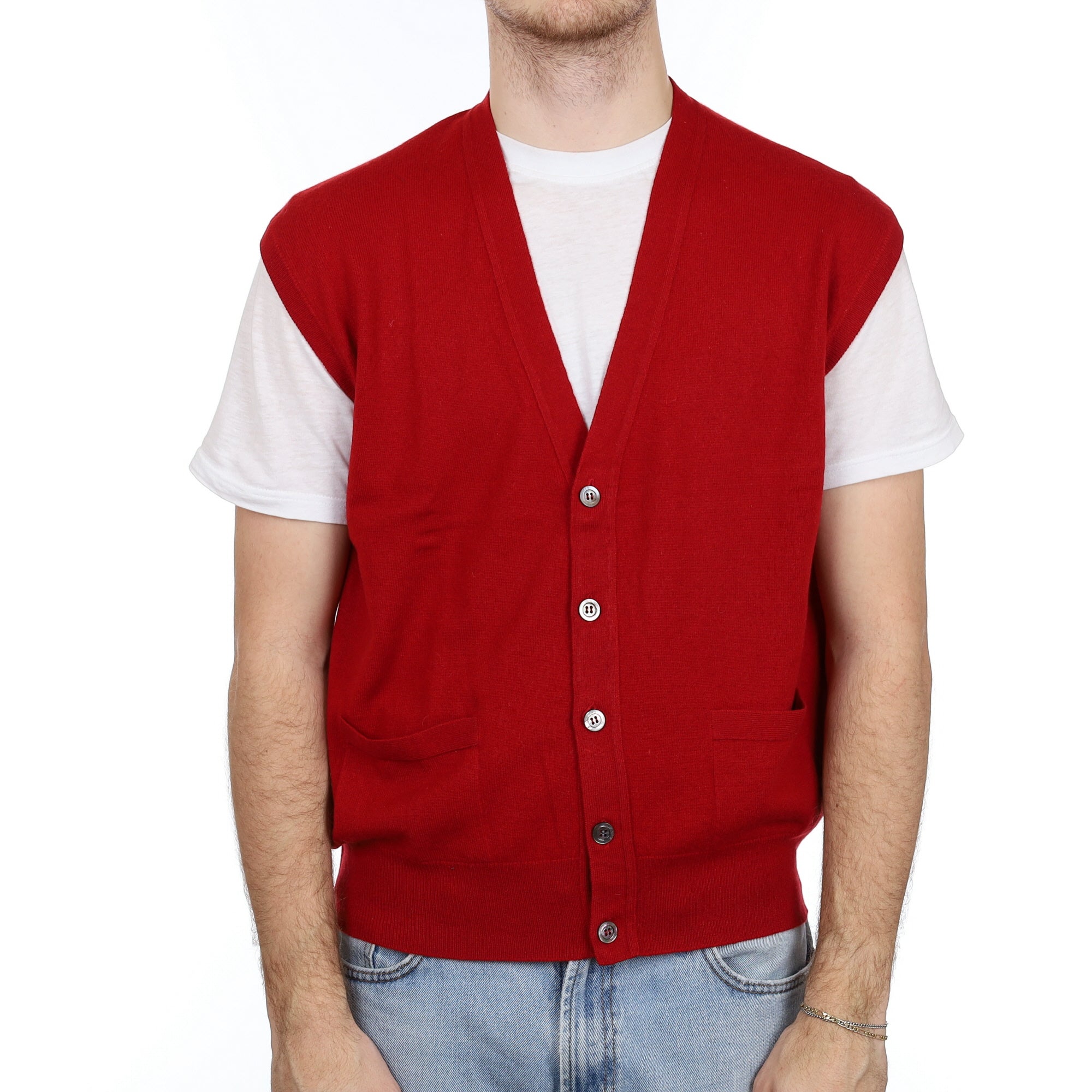 Men's Scottish Red Cashmere Sleeveless V Neck Cardigan Large