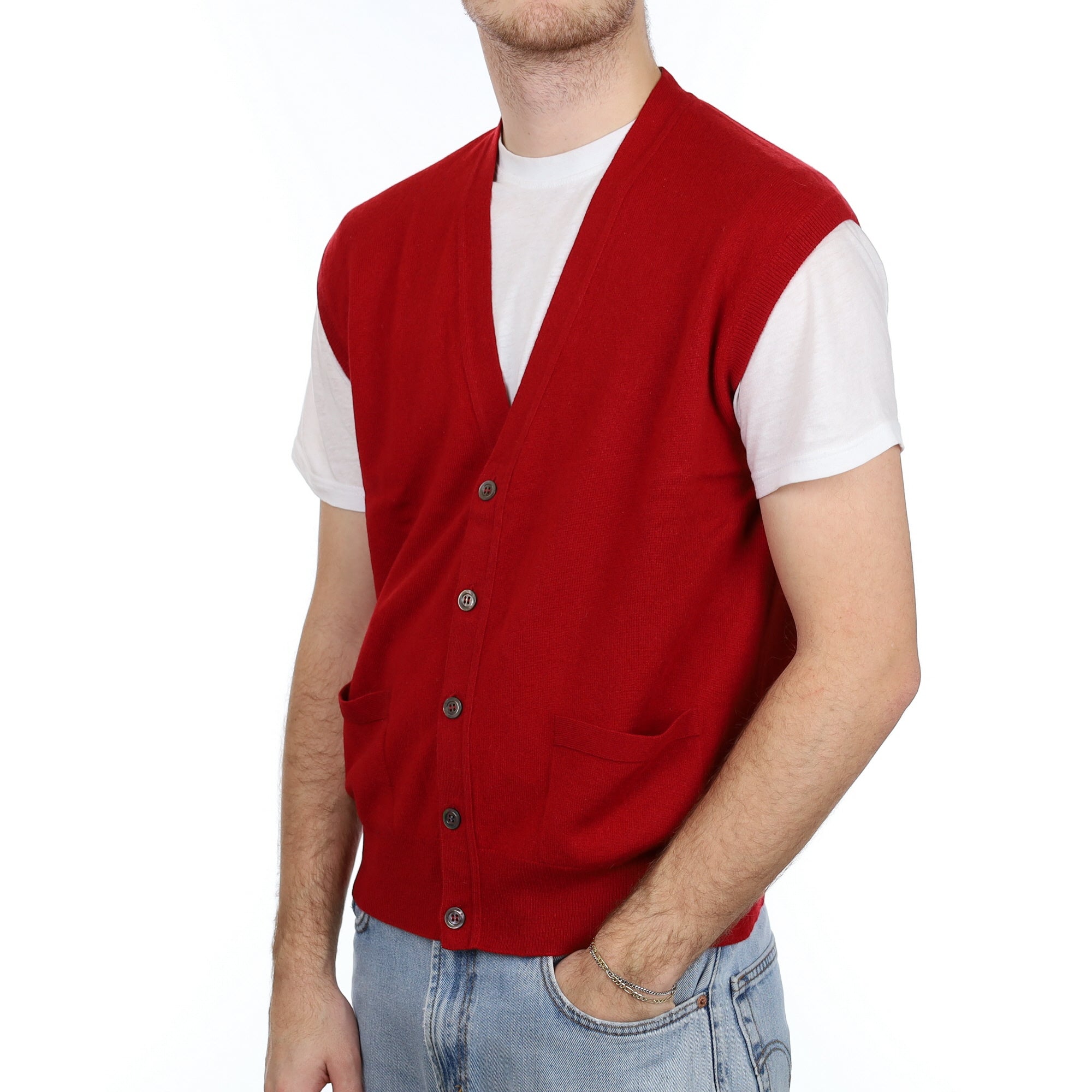 Men's Scottish Red Cashmere Sleeveless V Neck Cardigan Large
