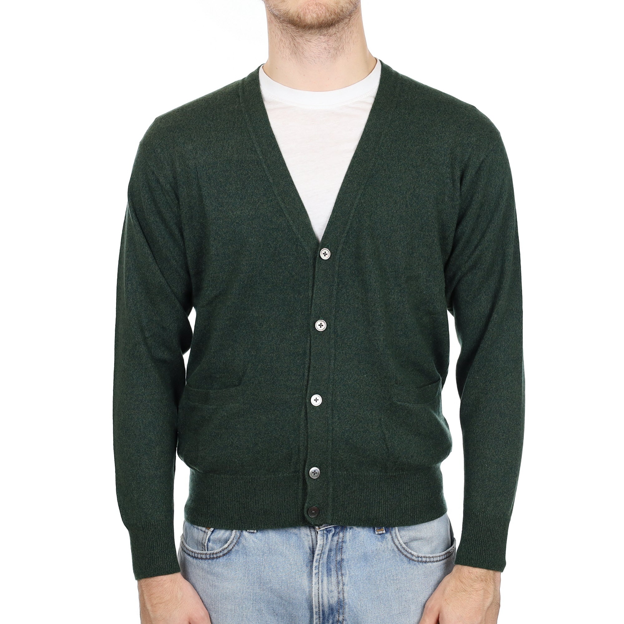 Men's Seaweed Green Cashmere V Neck Cardigan with Pockets Large