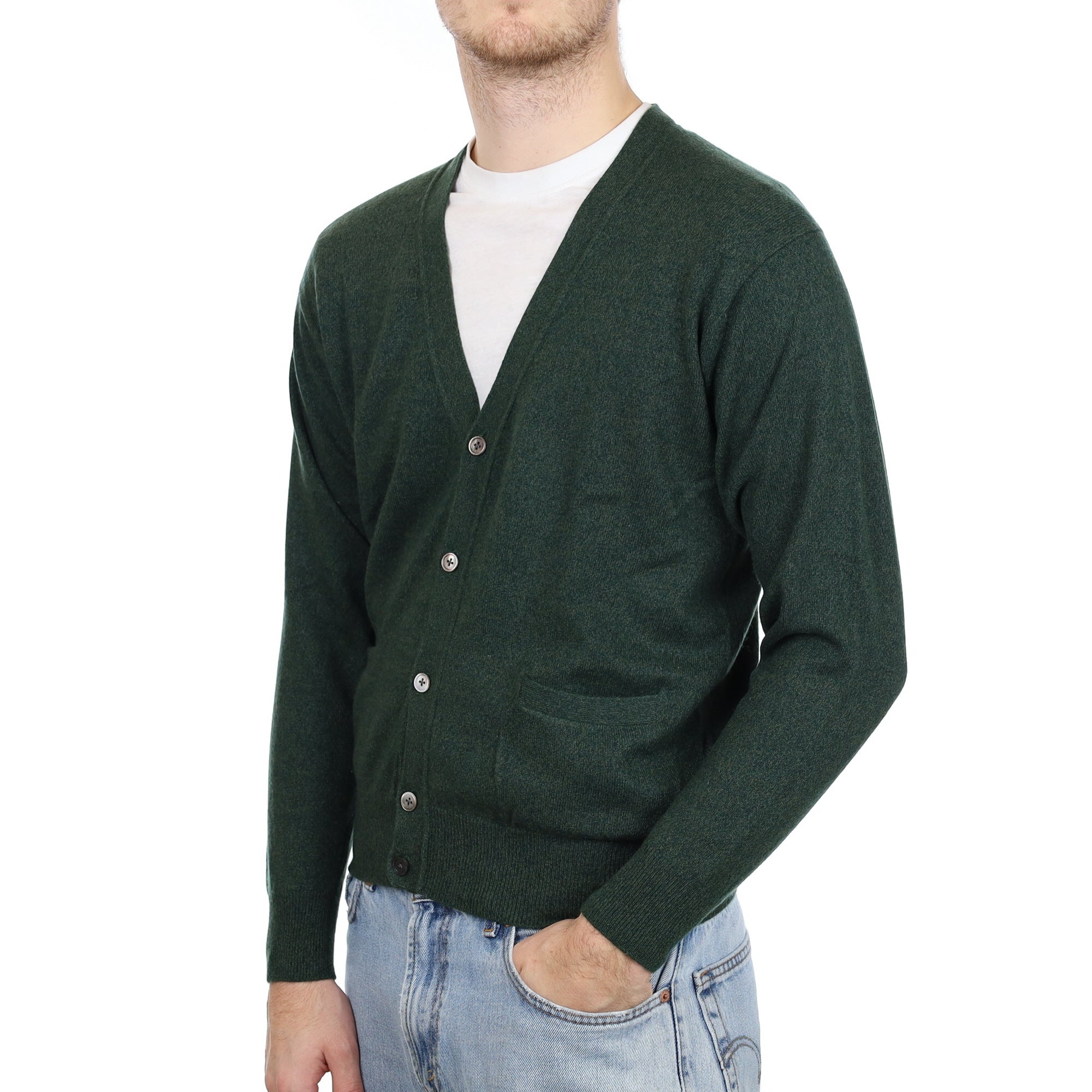 Men's Seaweed Green Cashmere V Neck Cardigan with Pockets Large