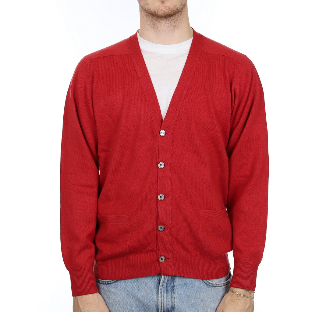 Men's Vintage Red Cashmere V Neck Cardigan with Pockets Large