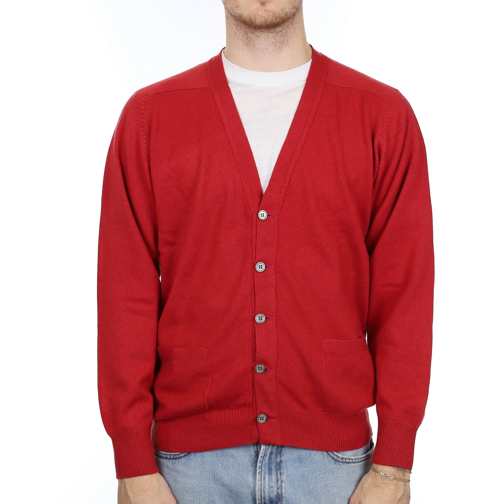 Men's Vintage Red Cashmere V Neck Cardigan with Pockets Large