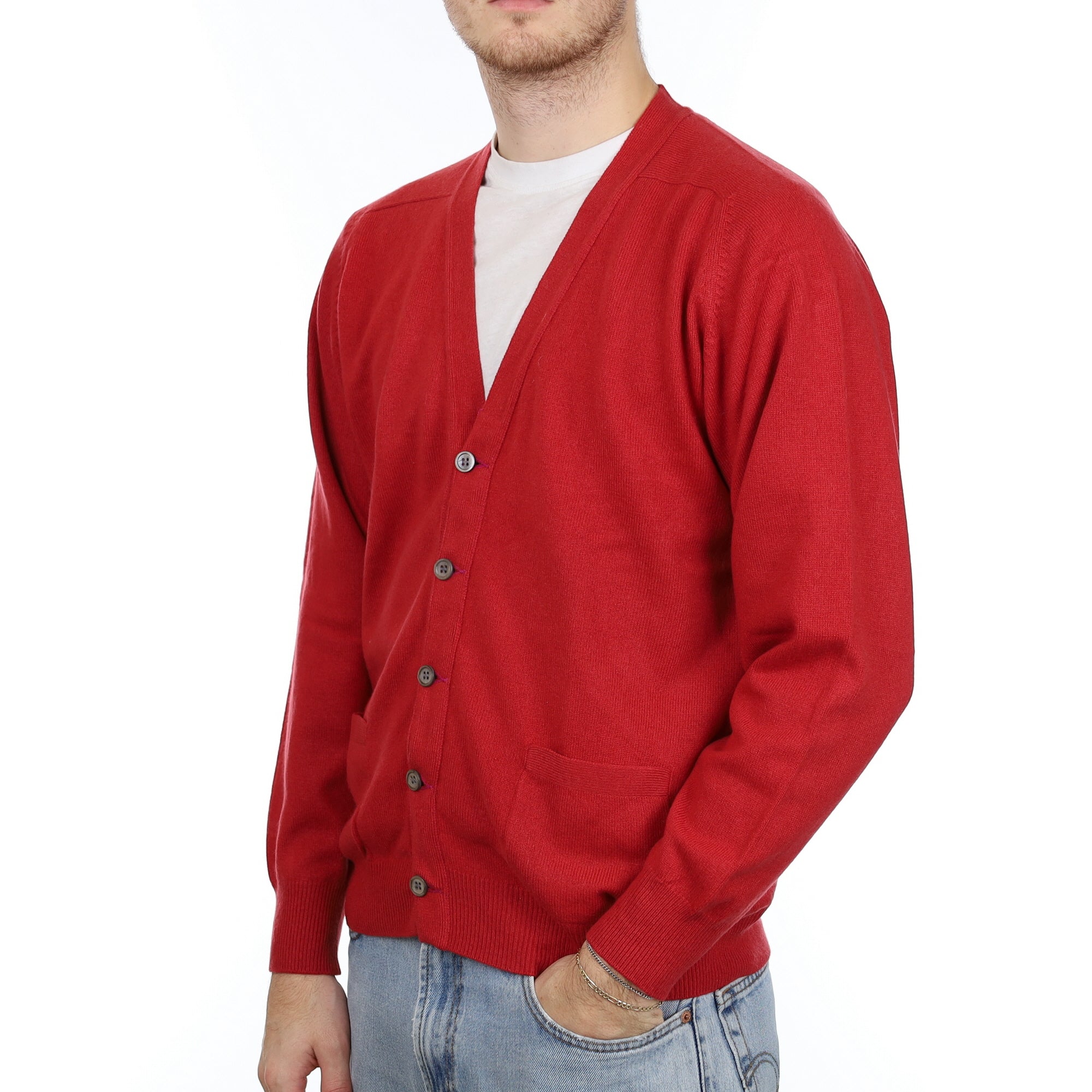 Men's Vintage Red Cashmere V Neck Cardigan with Pockets Large