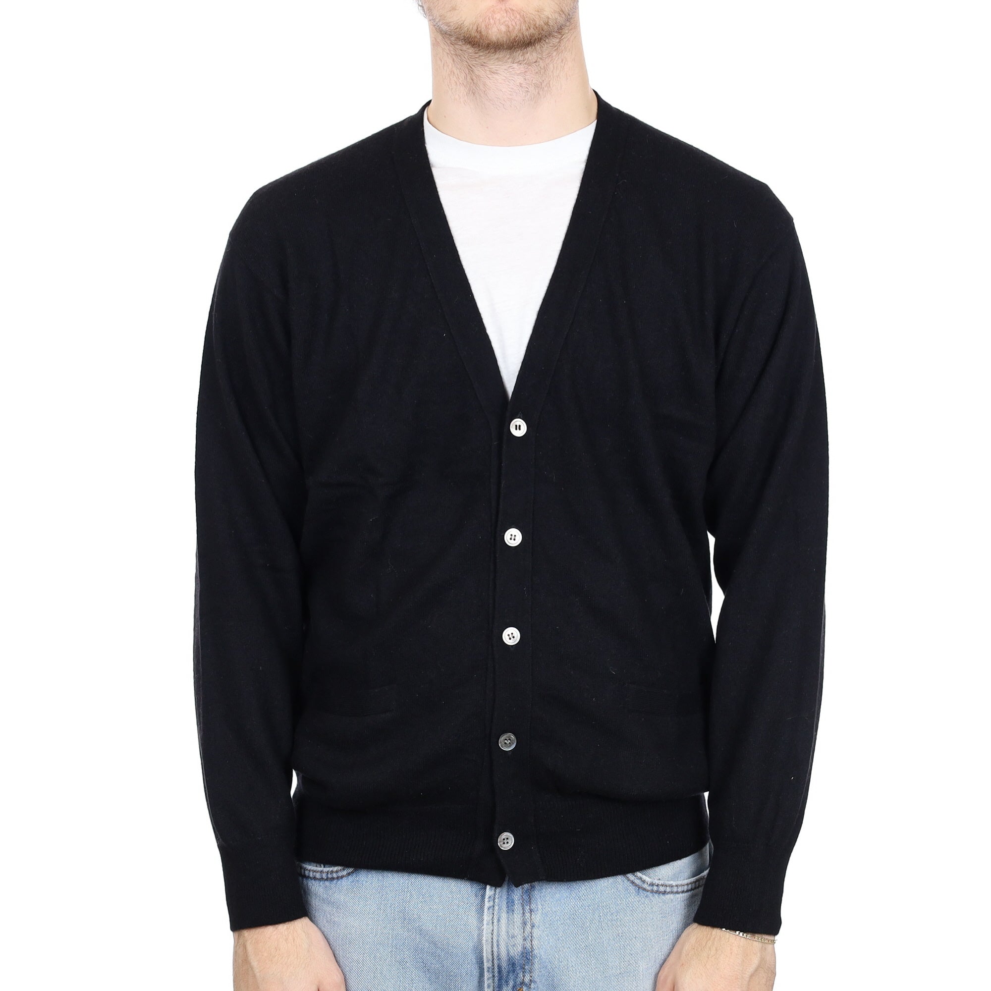 Men's Black Cashmere V Neck Cardigan with Pockets Large