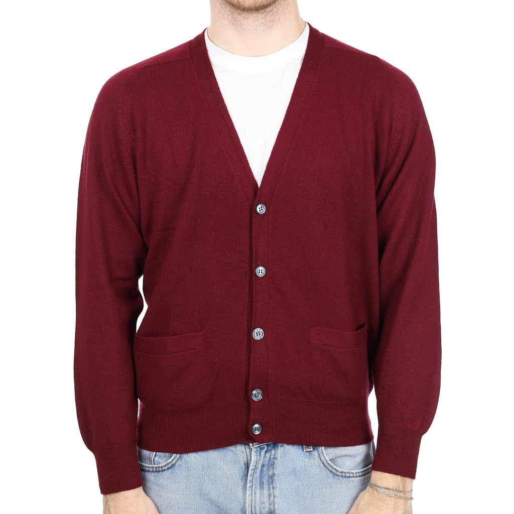 Men's Wine Red Cashmere V Neck Cardigan with Pockets Large
