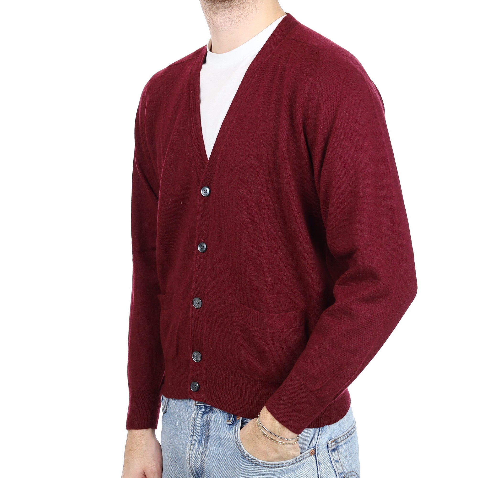 Men's Wine Red Cashmere V Neck Cardigan with Pockets Large