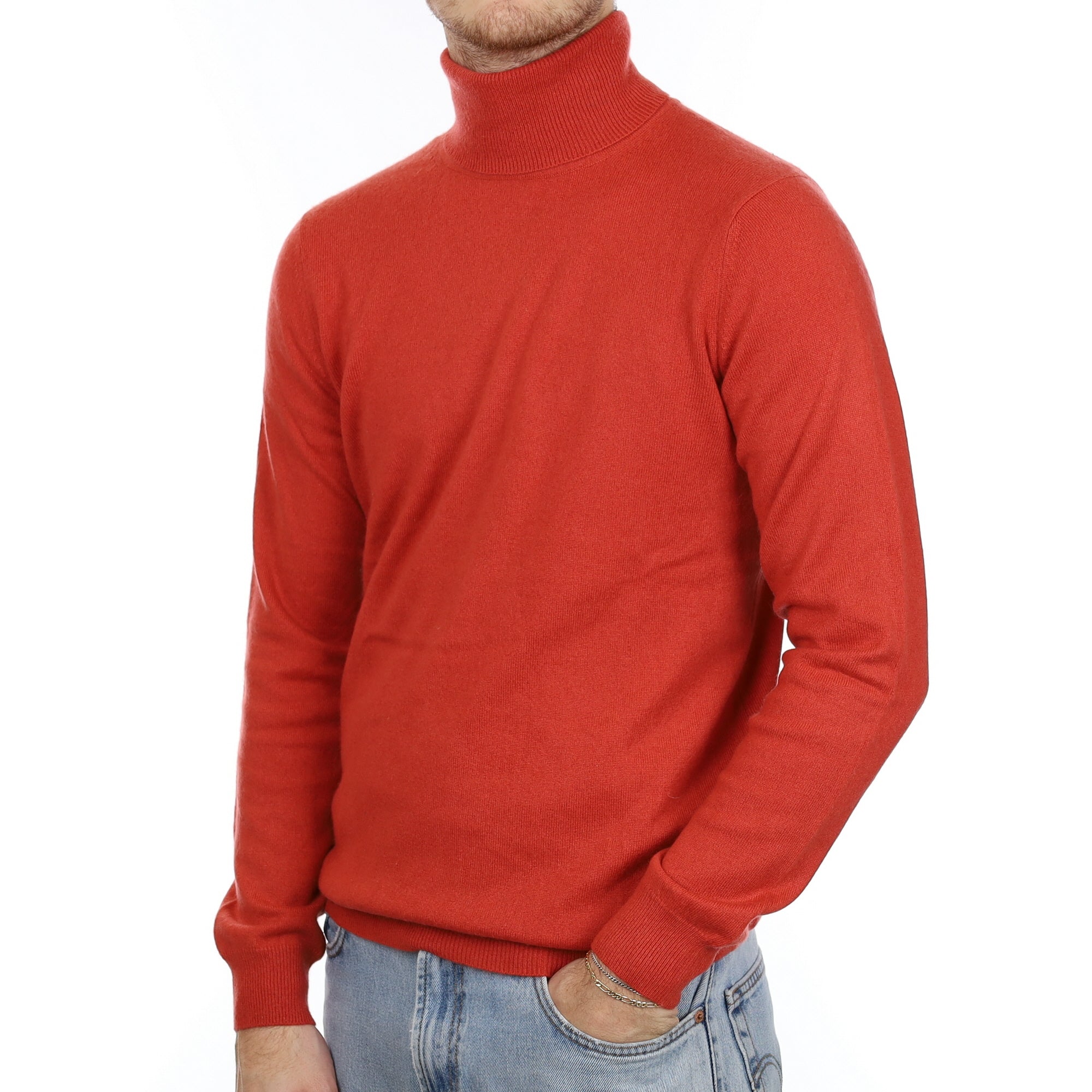 Men's Pumpkin Orange Cashmere Polo Neck Jumper Large