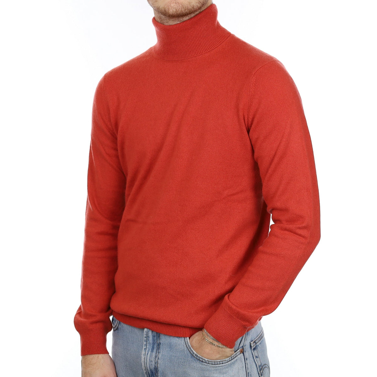 Men's Pumpkin Orange Cashmere Polo Neck Jumper Large