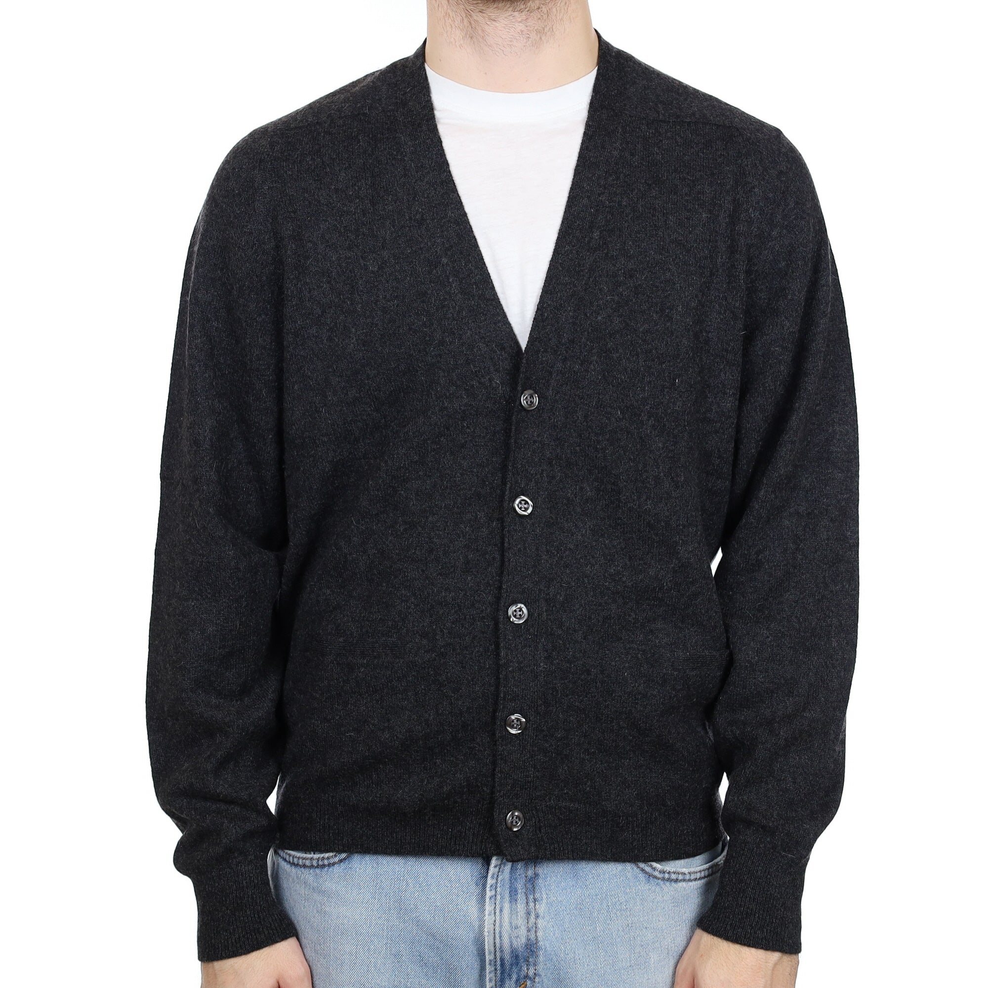 Men's Charcoal Grey Cashmere V Neck Cardigan Large