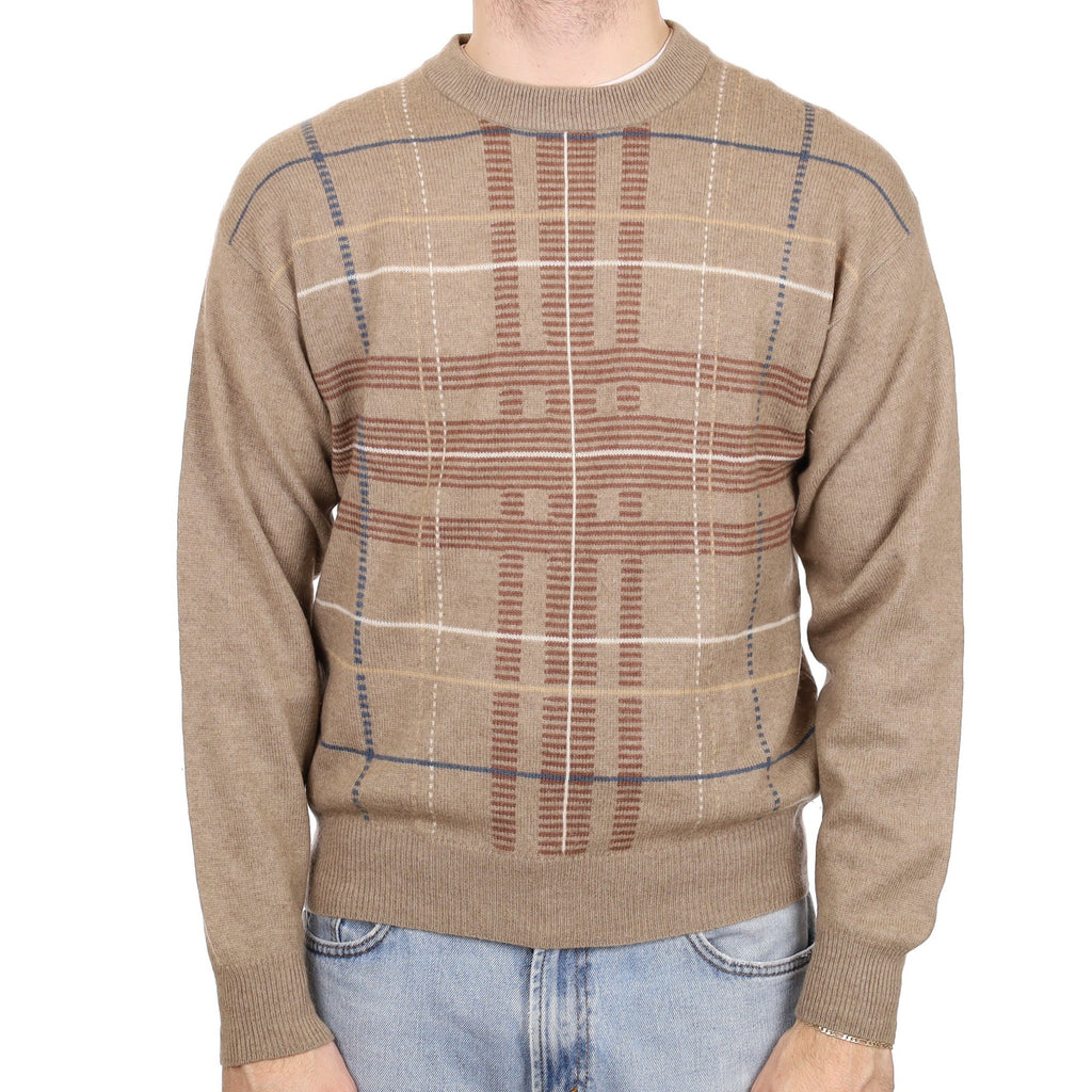 Men's Taupe Checked Cashmere Crew Neck Jumper Large