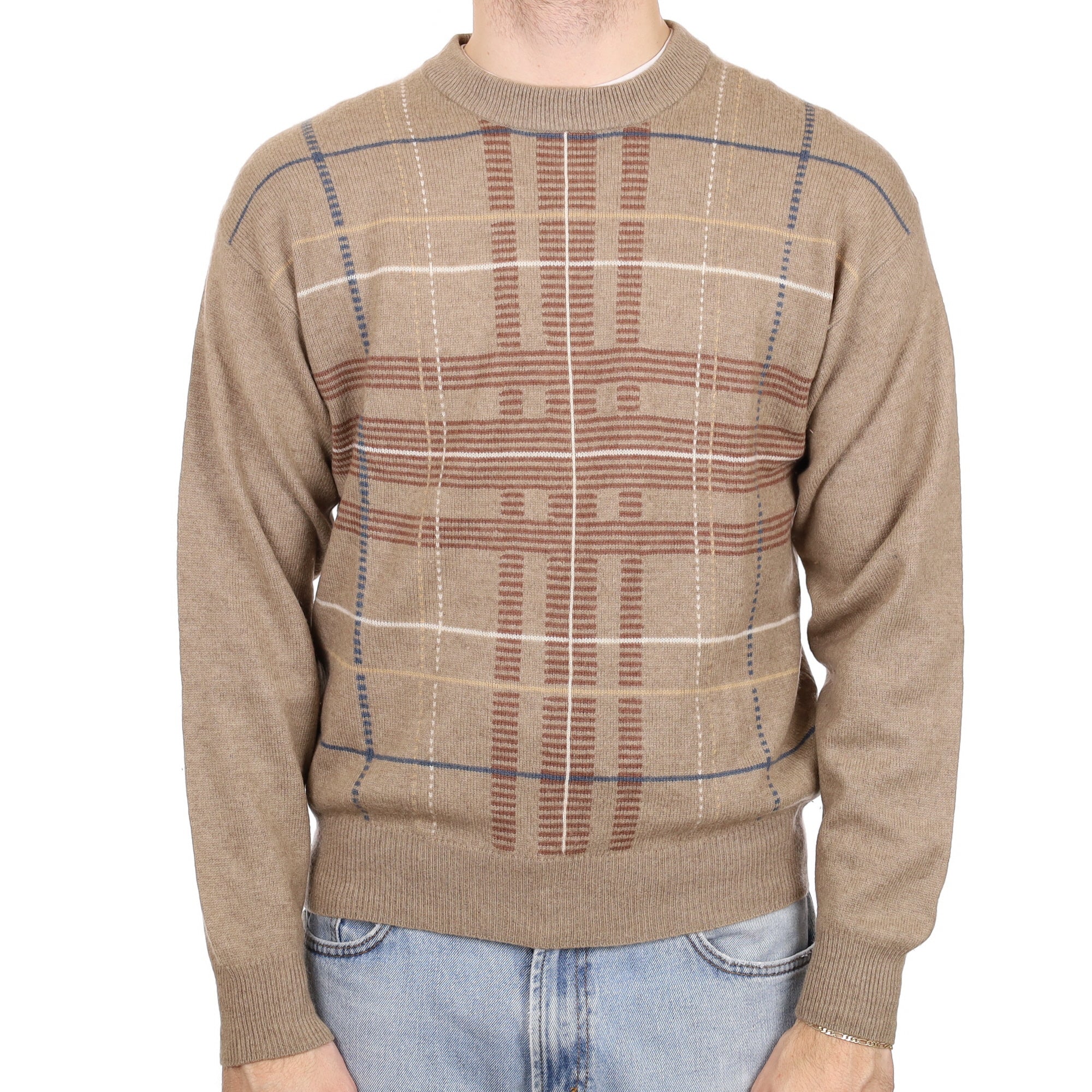 Men's Taupe Checked Cashmere Crew Neck Jumper Large