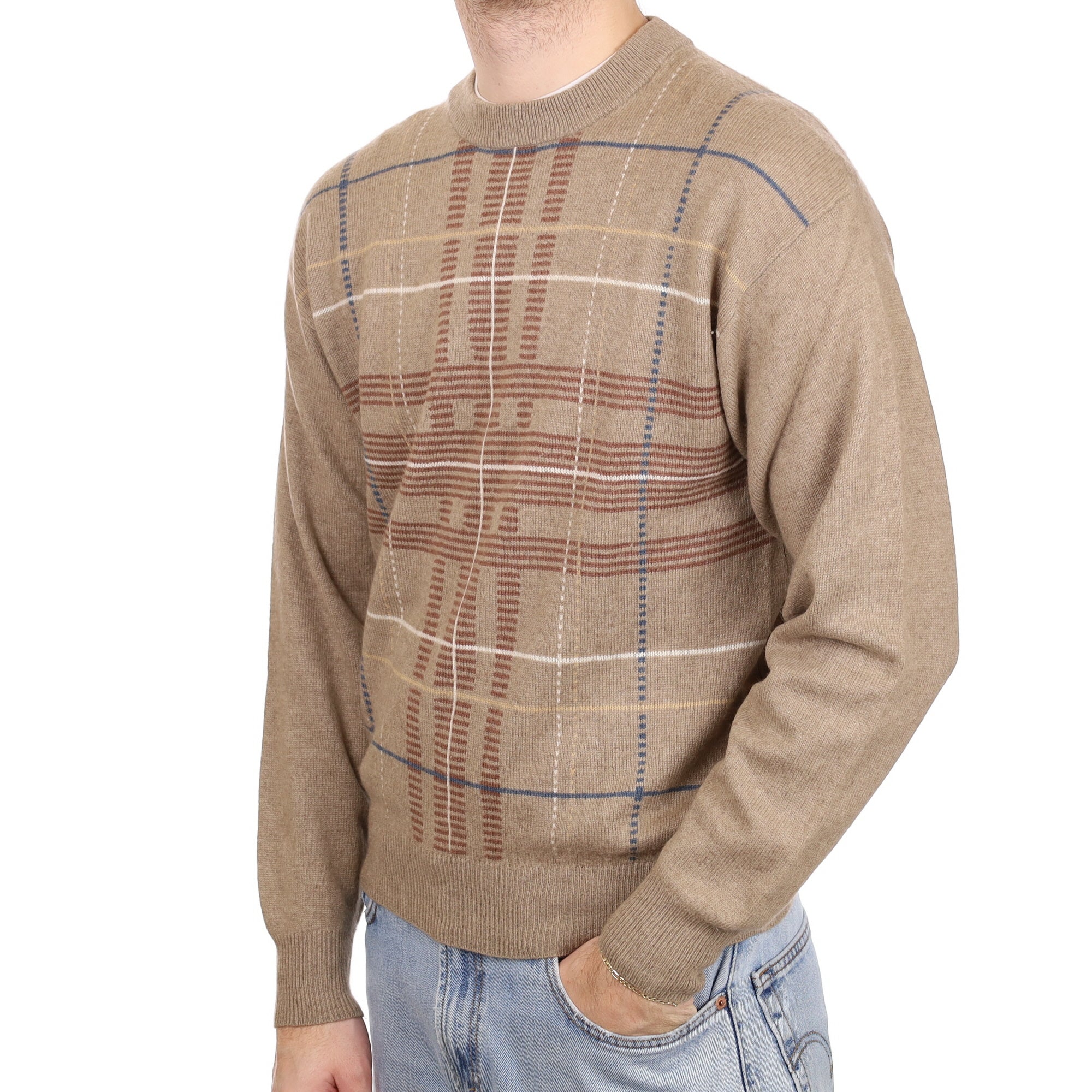 Men's Taupe Checked Cashmere Crew Neck Jumper Large