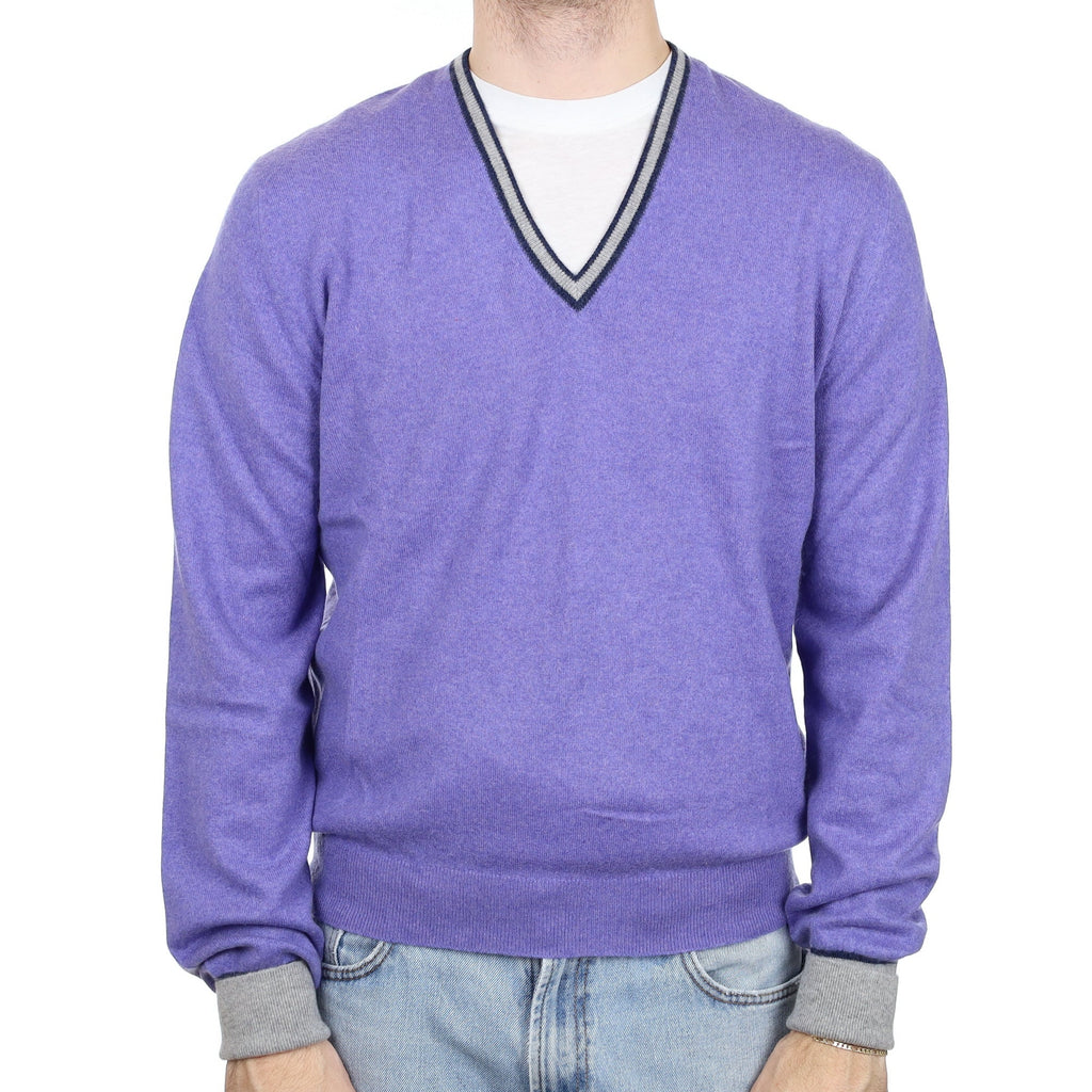 Men's Periwinkle Purple Cashmere V Neck Jumper Large
