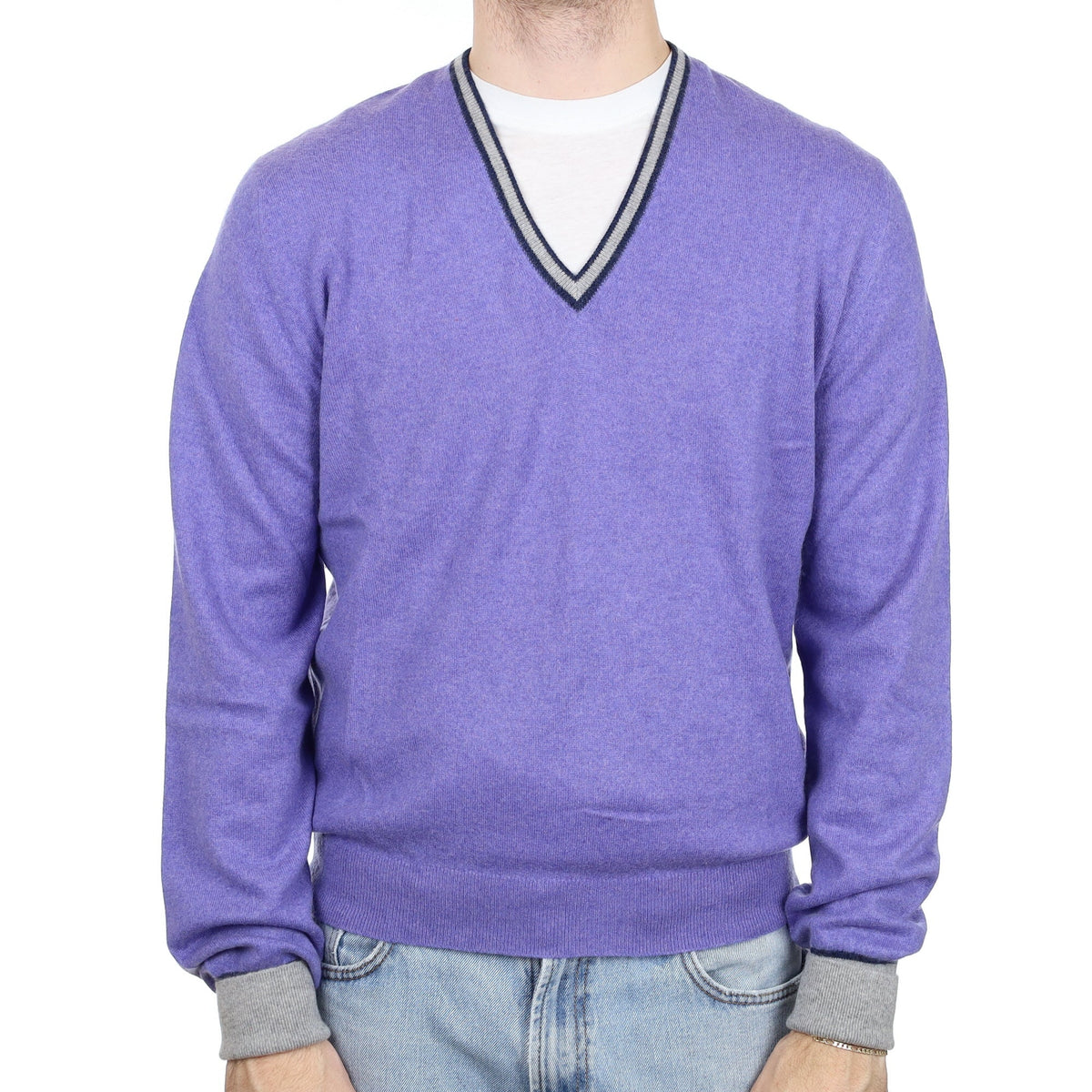 Men's Periwinkle Purple Cashmere V Neck Jumper Large