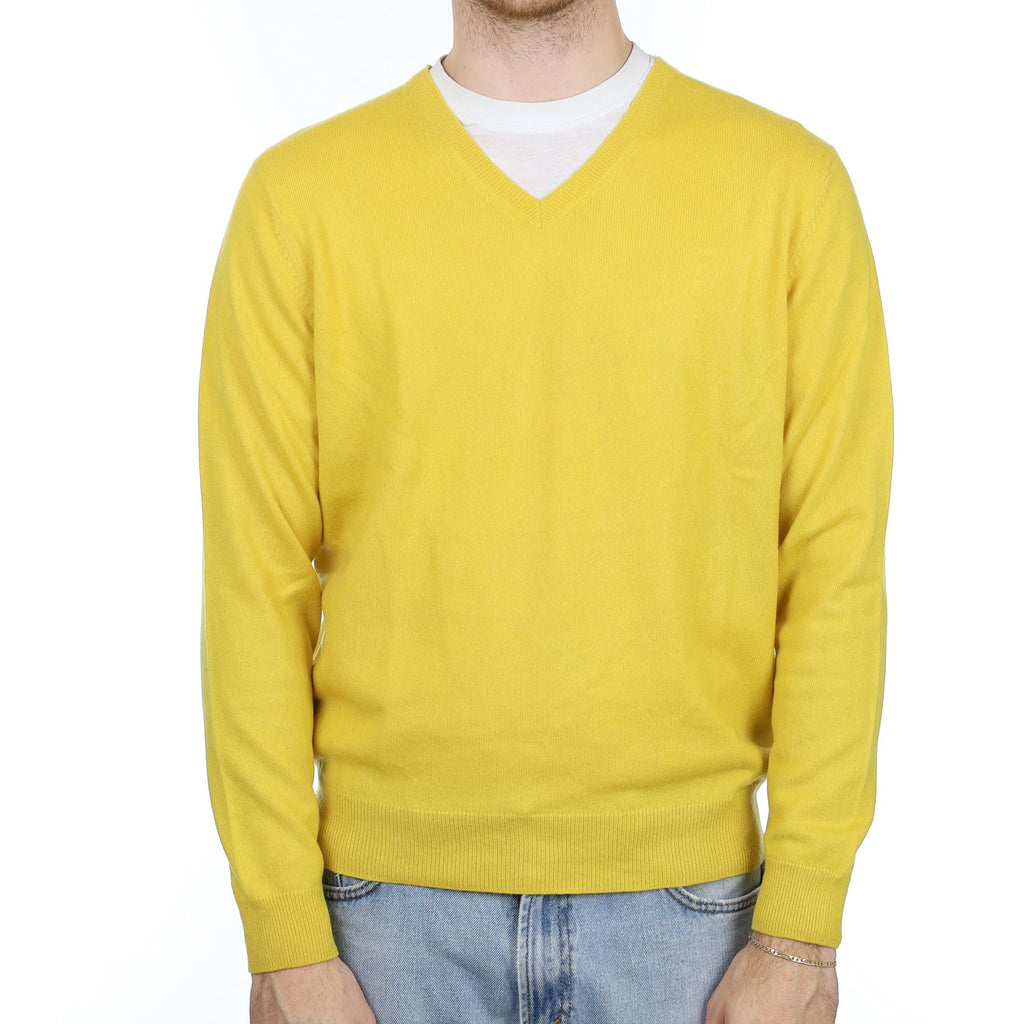 Men's Sunshine Yellow Cashmere V Neck Jumper Large