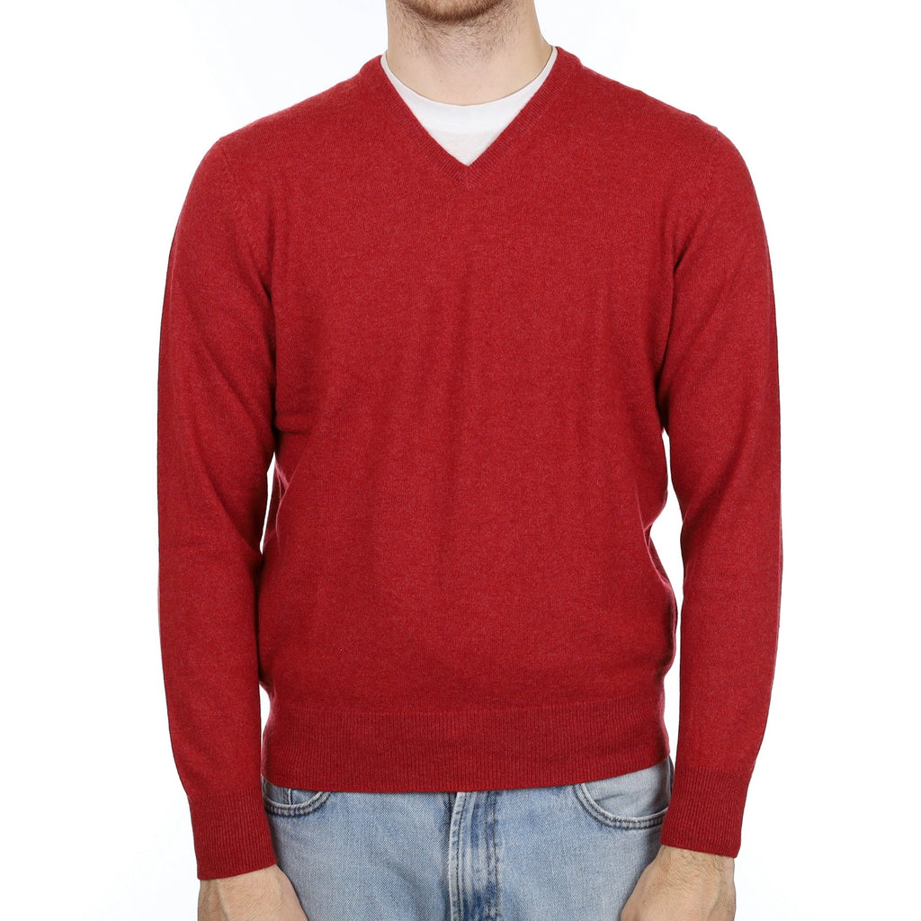 Men's English Brick Red Cashmere V Neck Jumper Large
