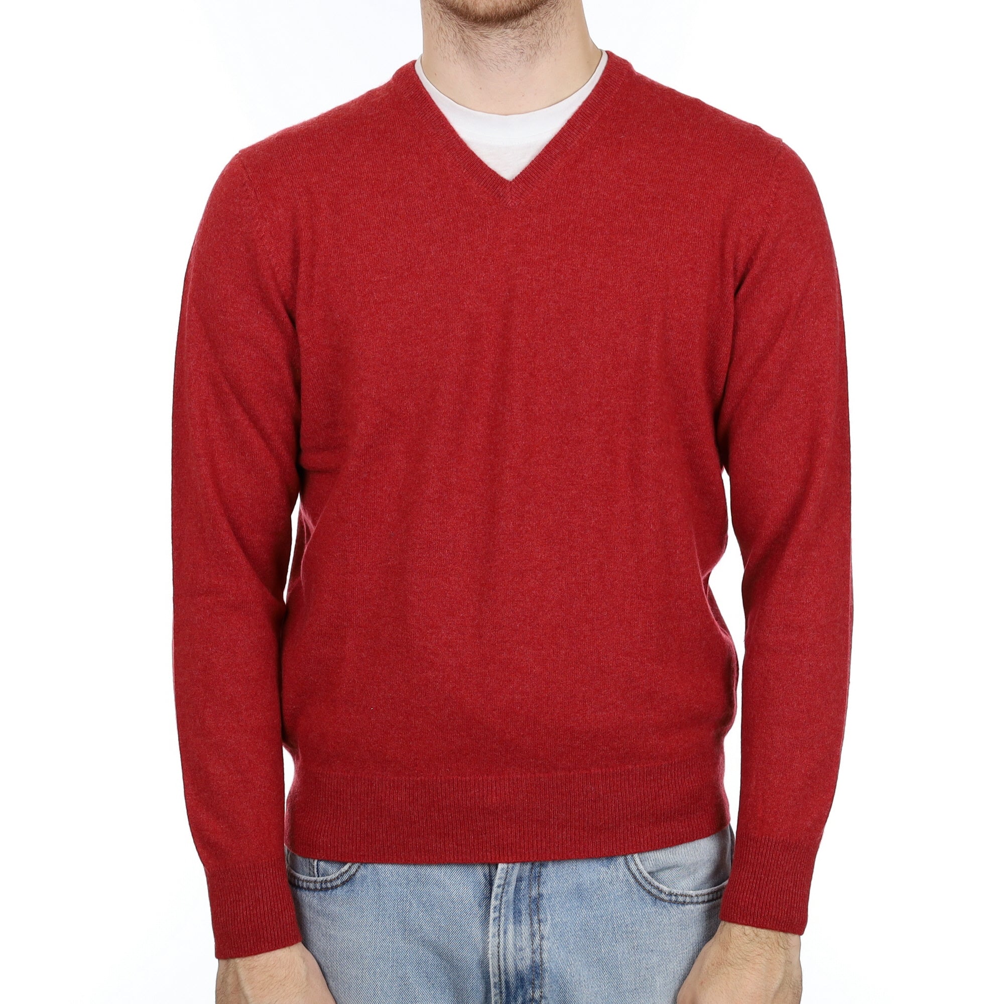 Men's English Brick Red Cashmere V Neck Jumper Large