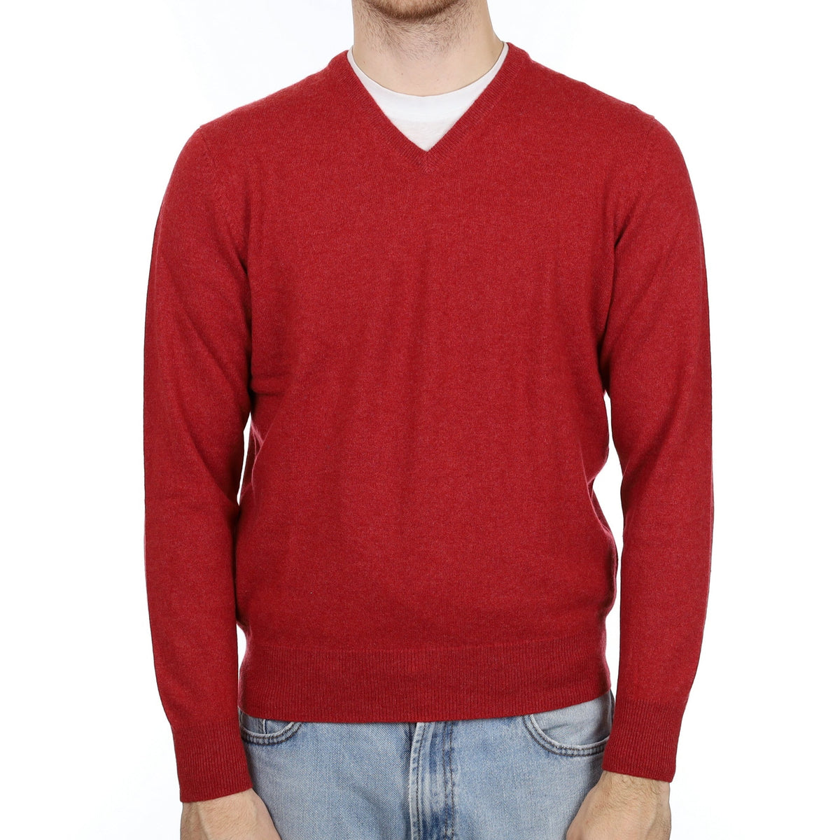 Men's English Brick Red Cashmere V Neck Jumper Large