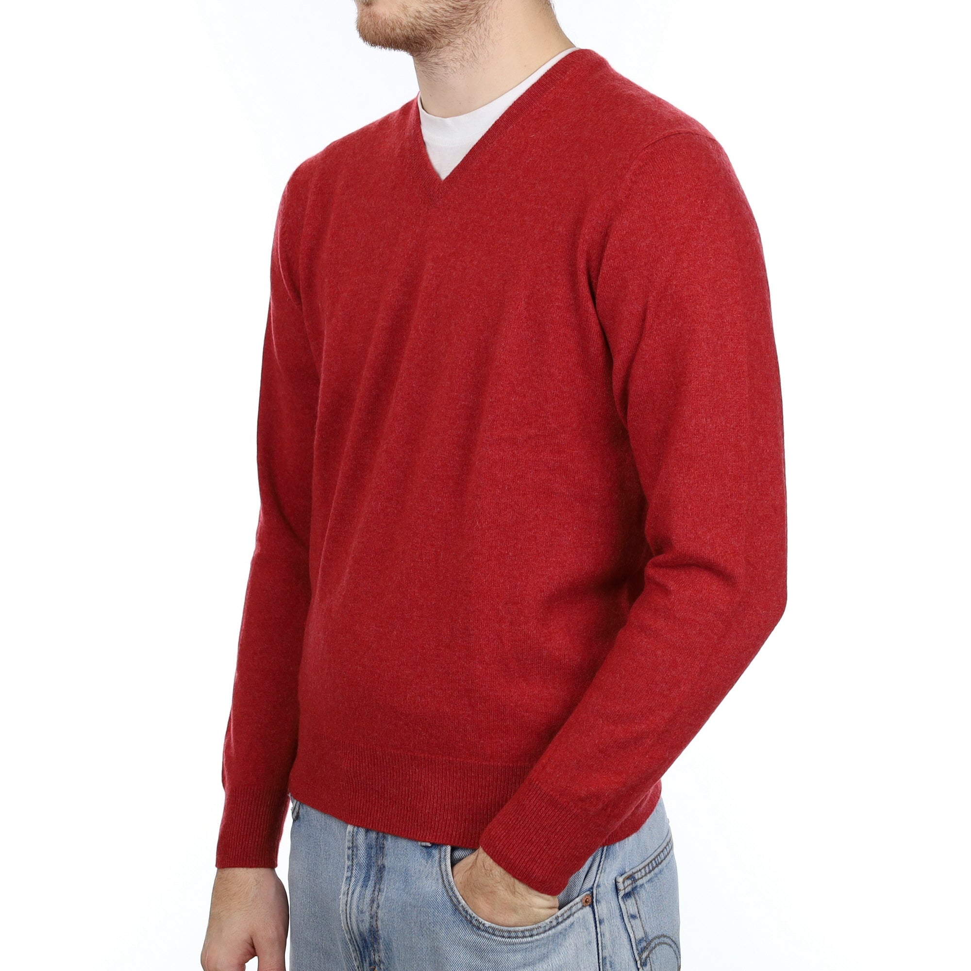 Men's English Brick Red Cashmere V Neck Jumper Large