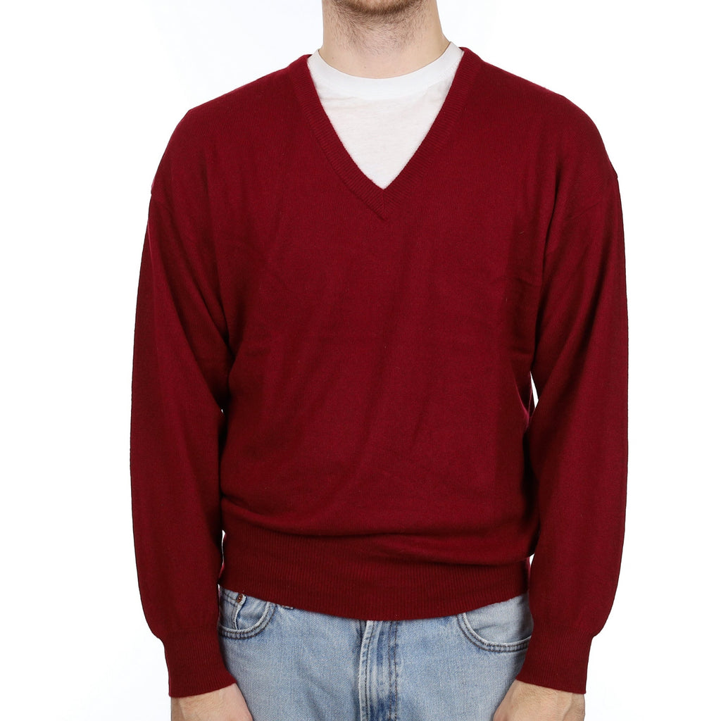 Men's Burgundy Red Cashmere V Neck Jumper Large