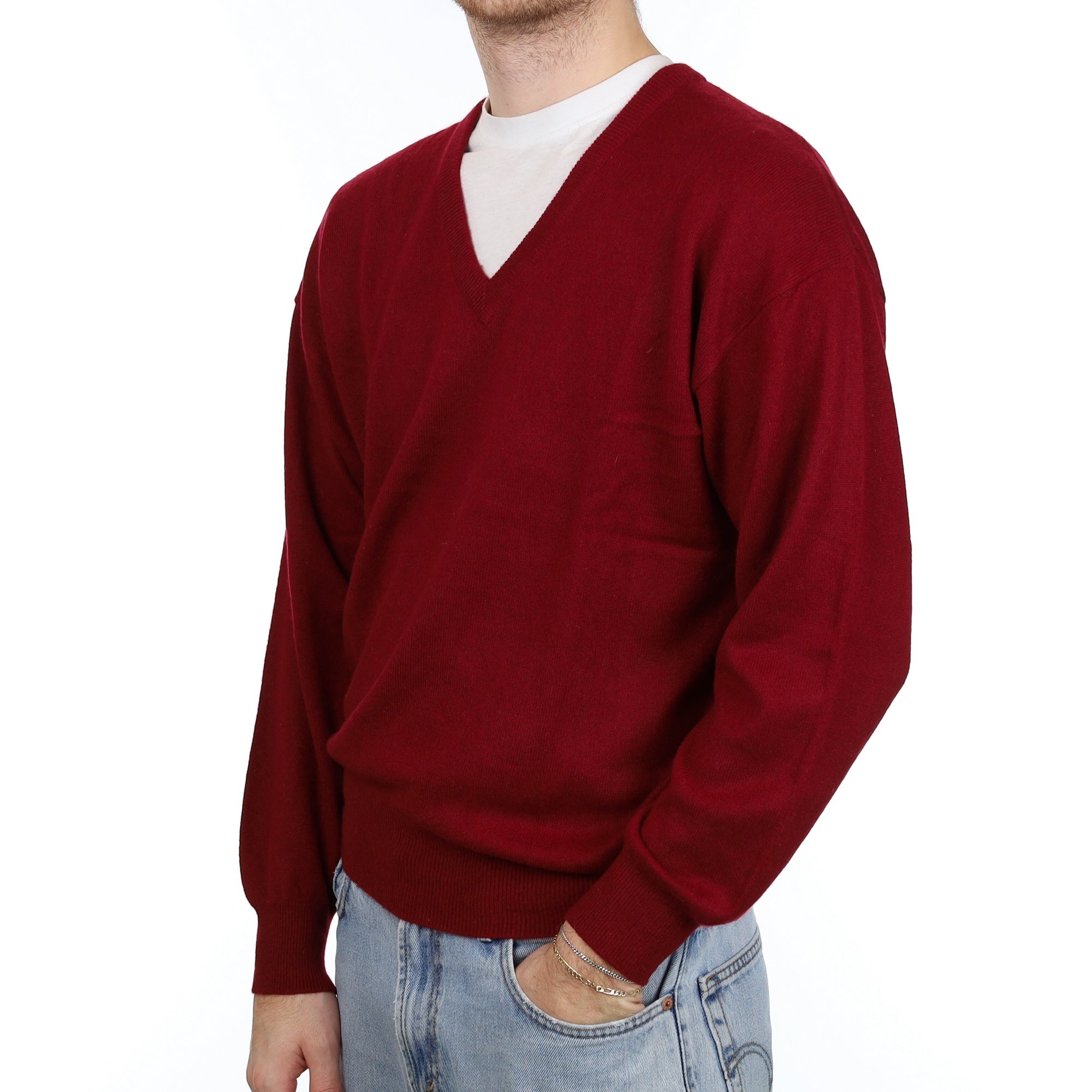 Men's Burgundy Red Cashmere V Neck Jumper Large