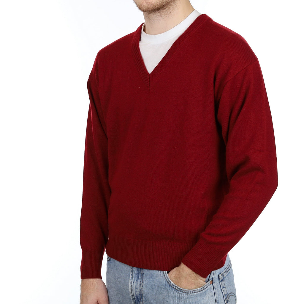 Men's Burgundy Red Cashmere V Neck Jumper Large