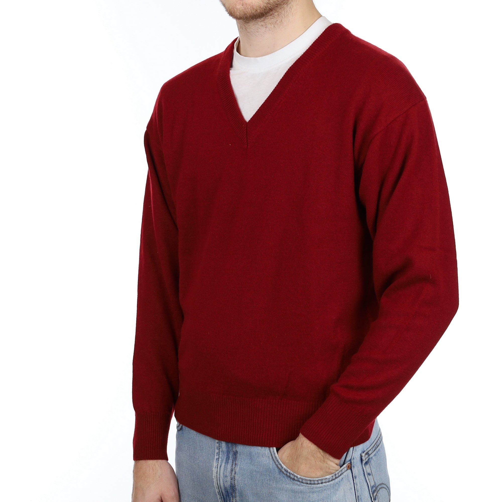 Men's Burgundy Red Cashmere V Neck Jumper Large