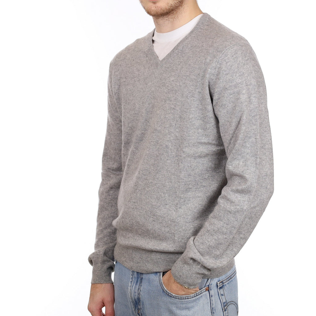 Men's Smoke Grey Cashmere V Neck Jumper Large