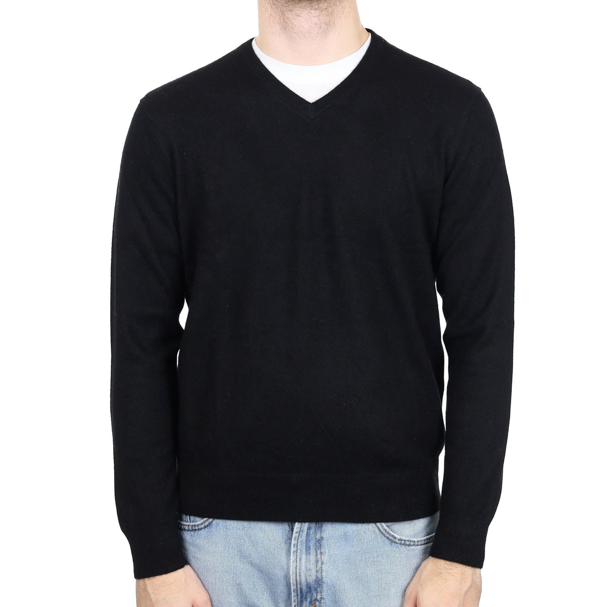 Men's Black Cashmere V Neck Jumper Large