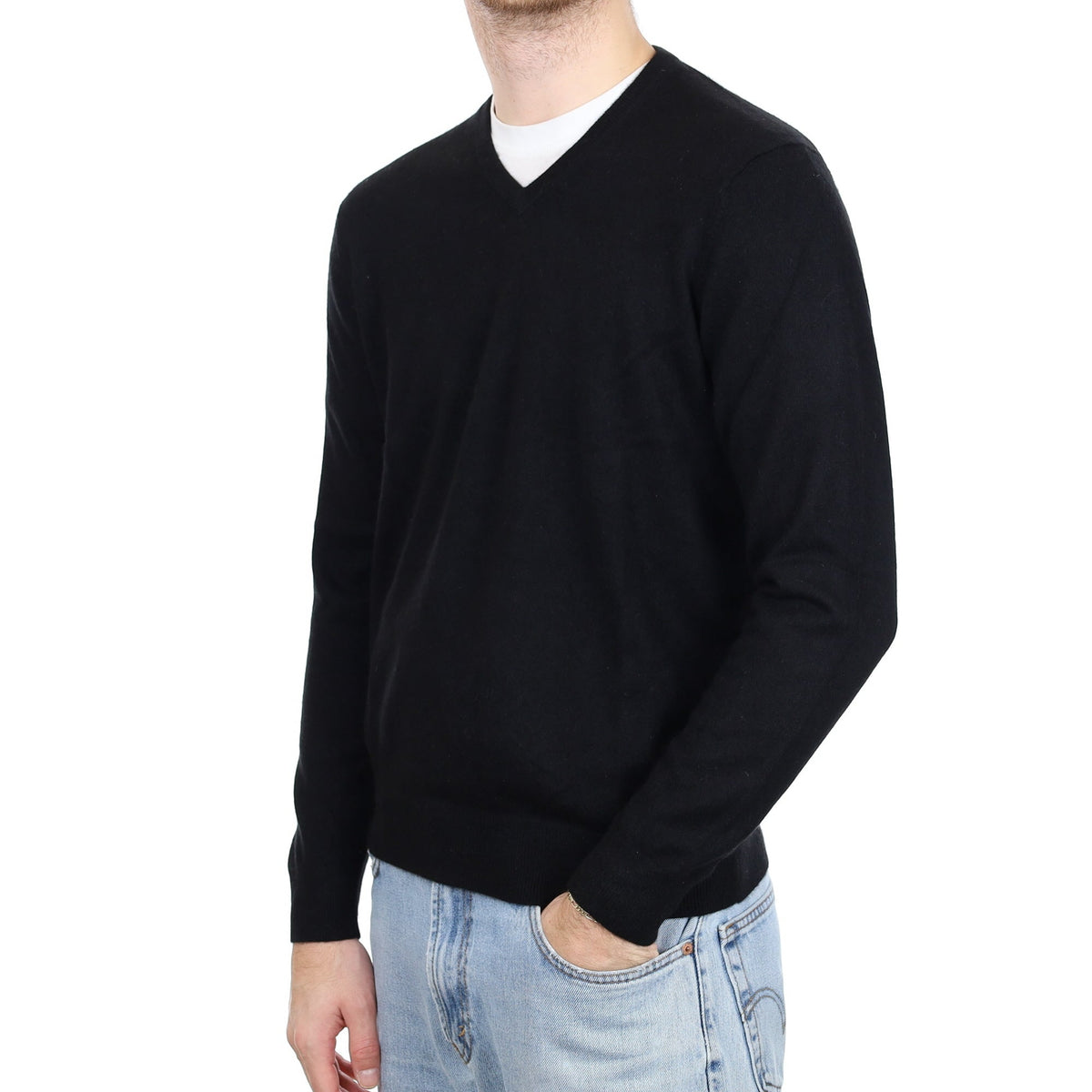 Men's Black Cashmere V Neck Jumper Large