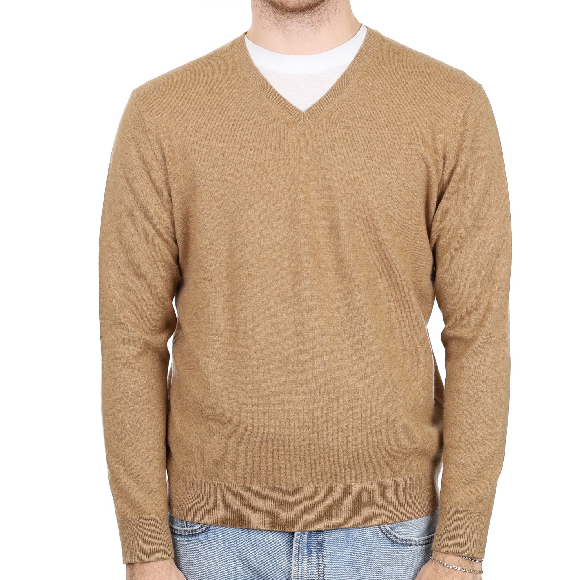 Men's Toffee Brown Cashmere V Neck Jumper Large
