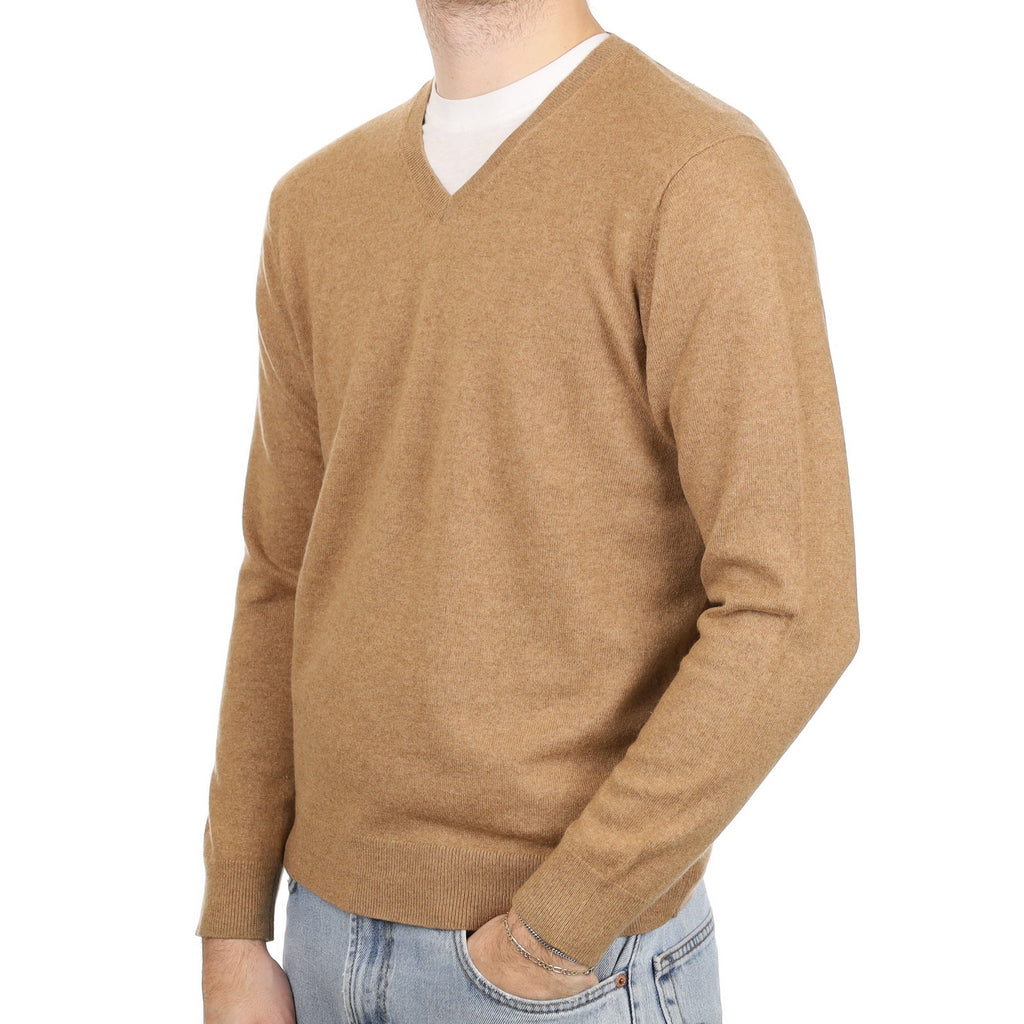 Men's Toffee Brown Cashmere V Neck Jumper Large