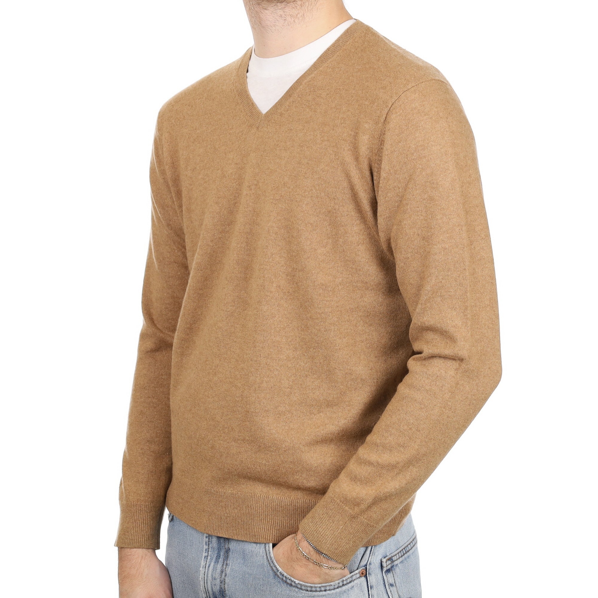 Men's Toffee Brown Cashmere V Neck Jumper Large