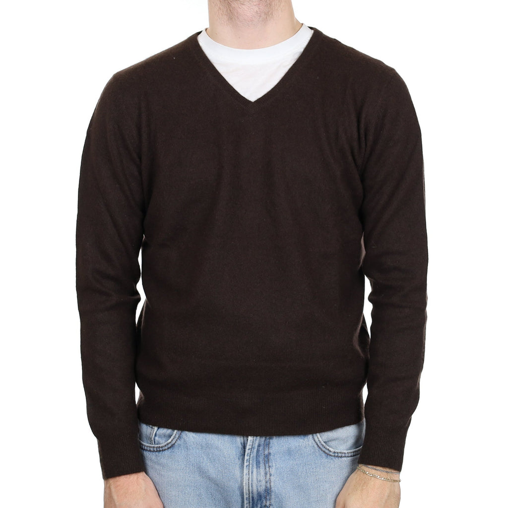 Men's Dark Chocolate Cashmere V Neck Jumper Large