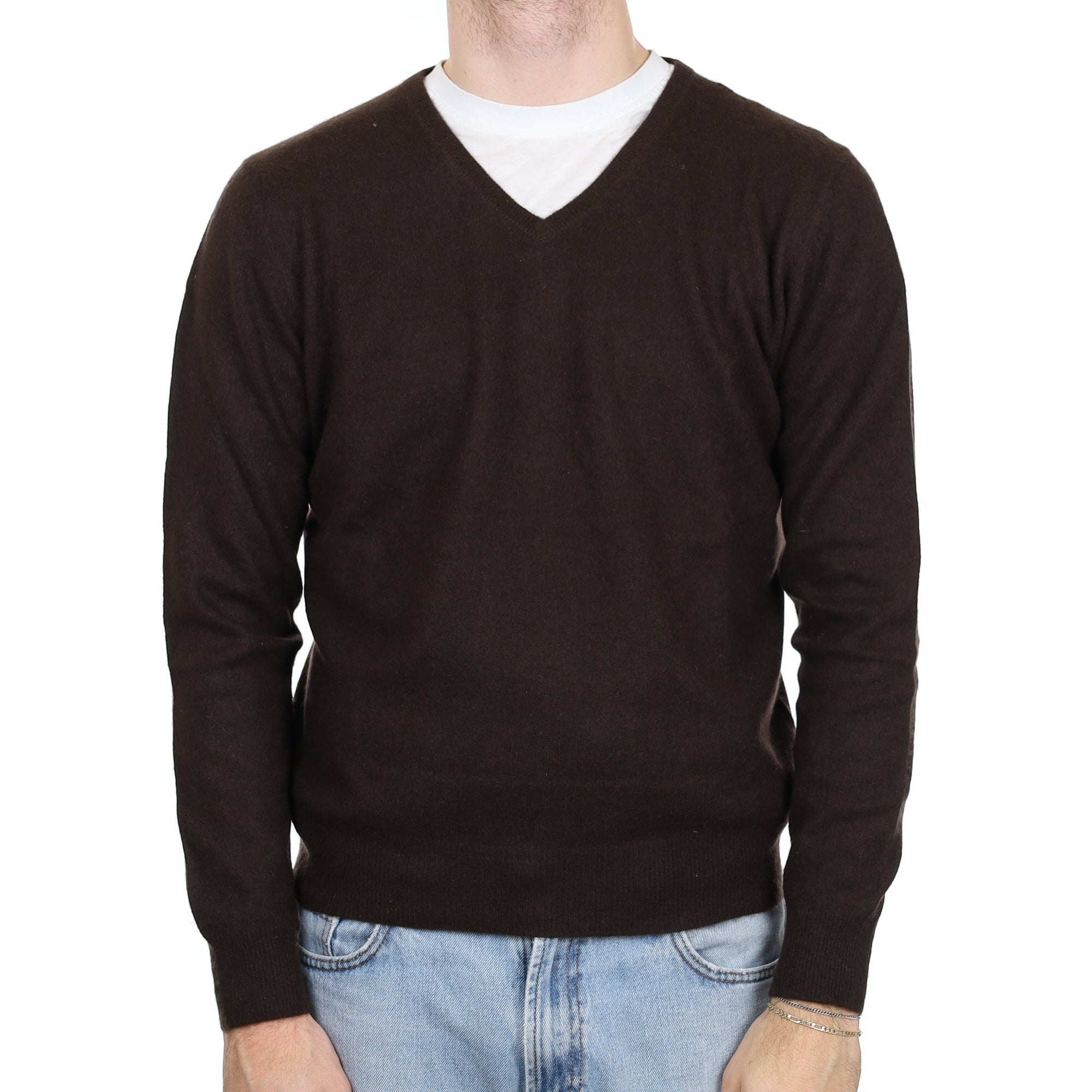 Men's Dark Chocolate Cashmere V Neck Jumper Large