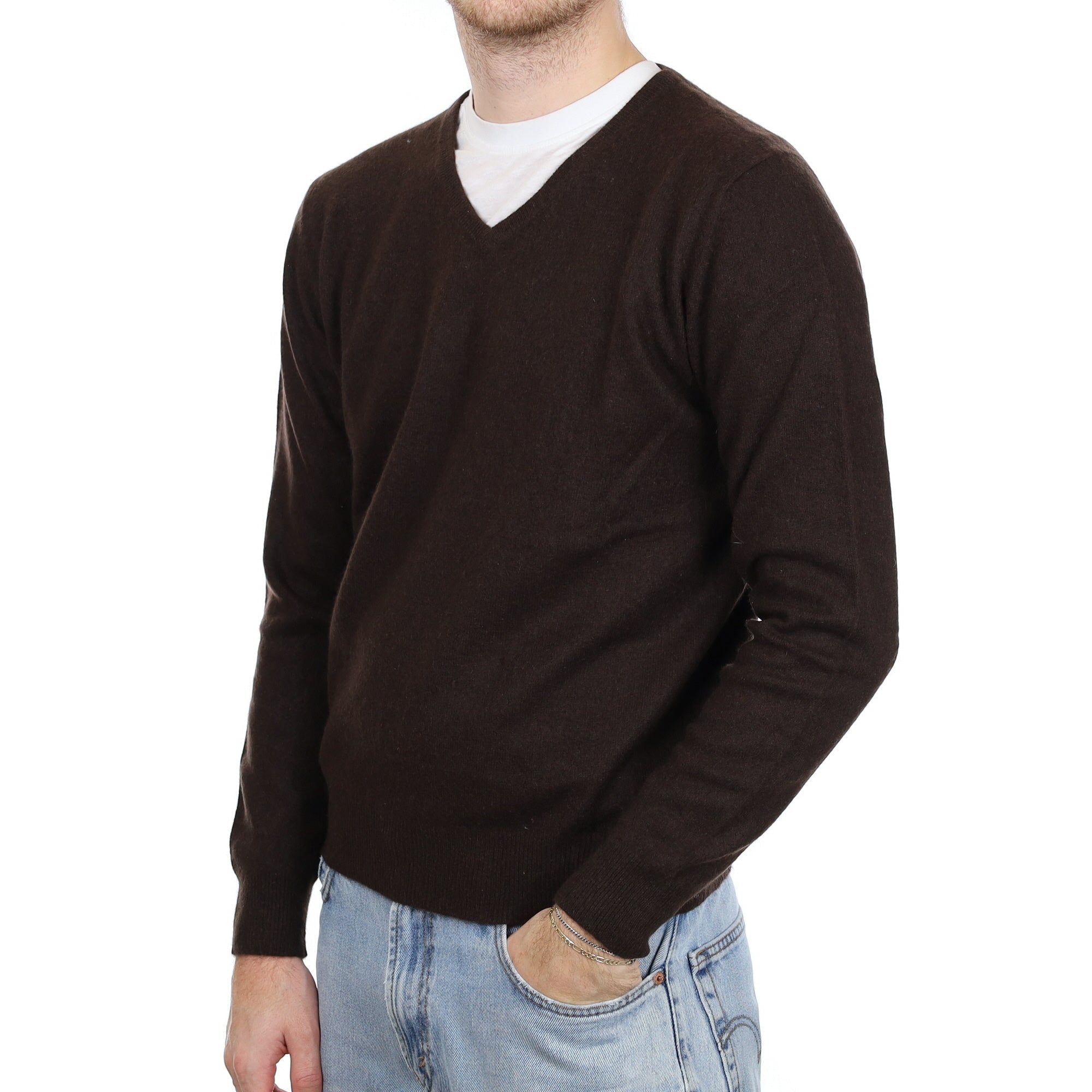 Men's Dark Chocolate Cashmere V Neck Jumper Large