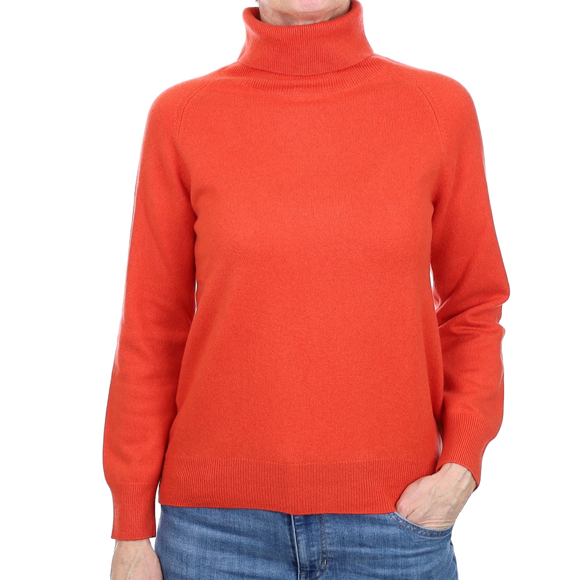 Fiery Orange Cashmere Polo Neck Jumper Small