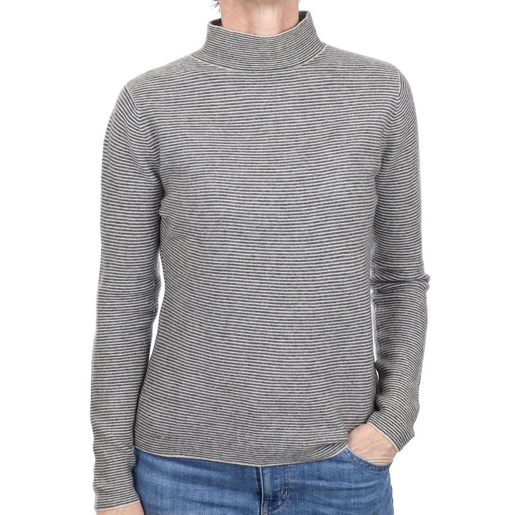 Grey and Ivory Stripe Cashmere Turtle Neck Jumper Small