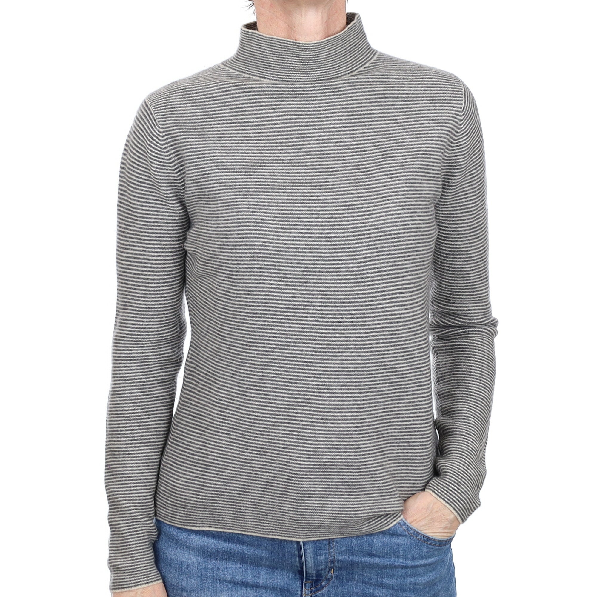 Grey and Ivory Stripe Cashmere Turtle Neck Jumper Small
