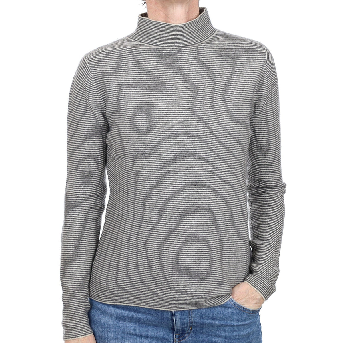 Grey and Ivory Stripe Cashmere Turtle Neck Jumper Small