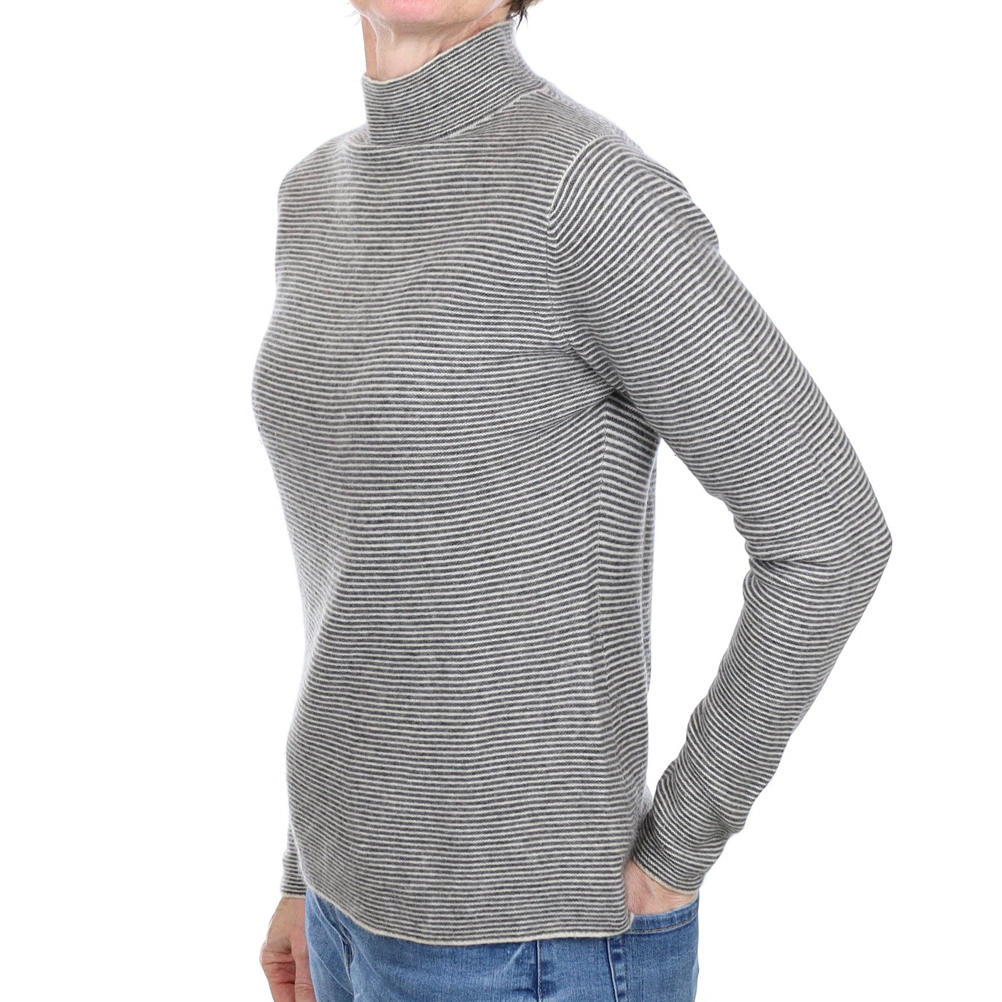 Grey and Ivory Stripe Cashmere Turtle Neck Jumper Small