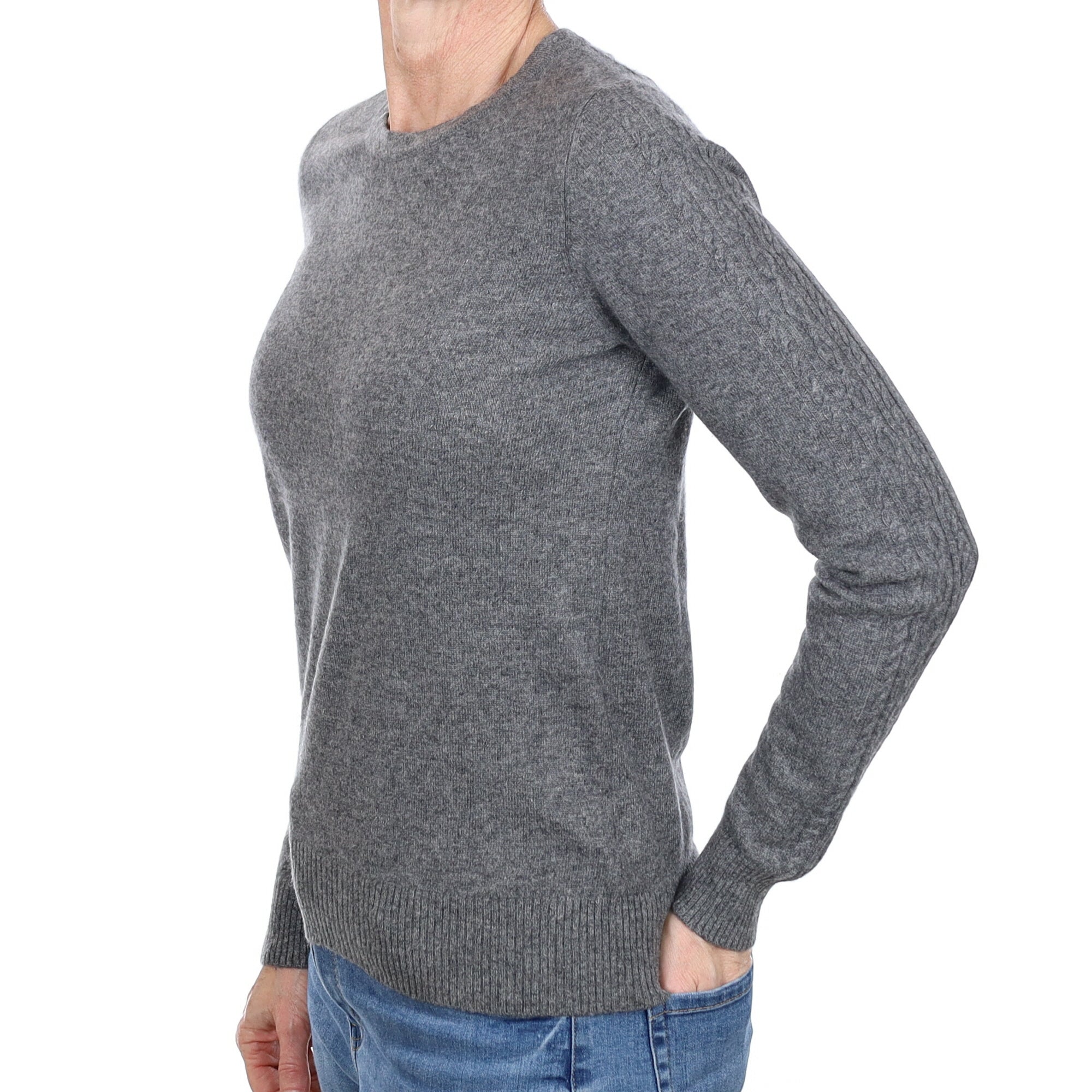 Slate Grey Cashmere Cable Sleeve Crew Neck Jumper Small