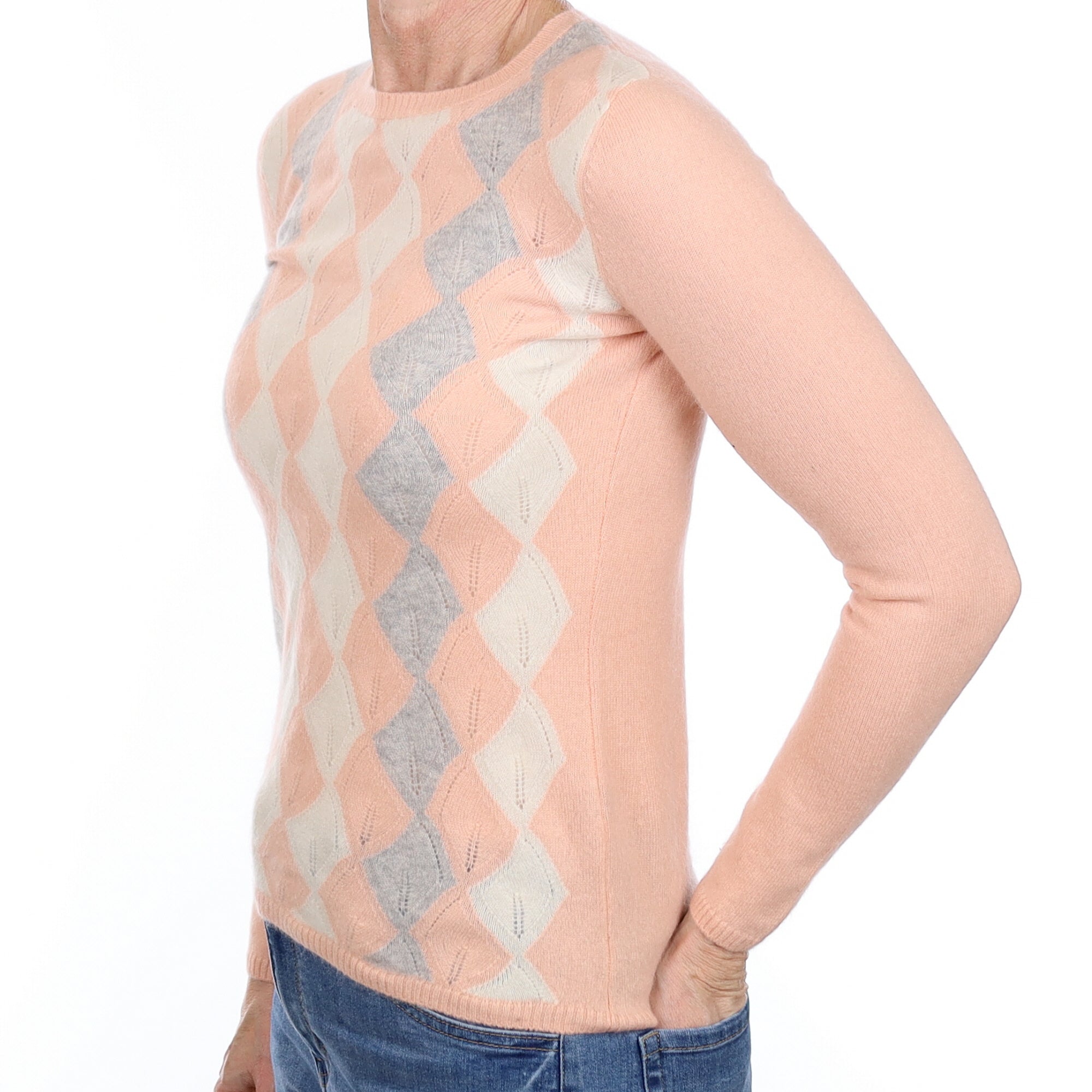 Shell Pink Diamond Cashmere Crew Neck Jumper Small