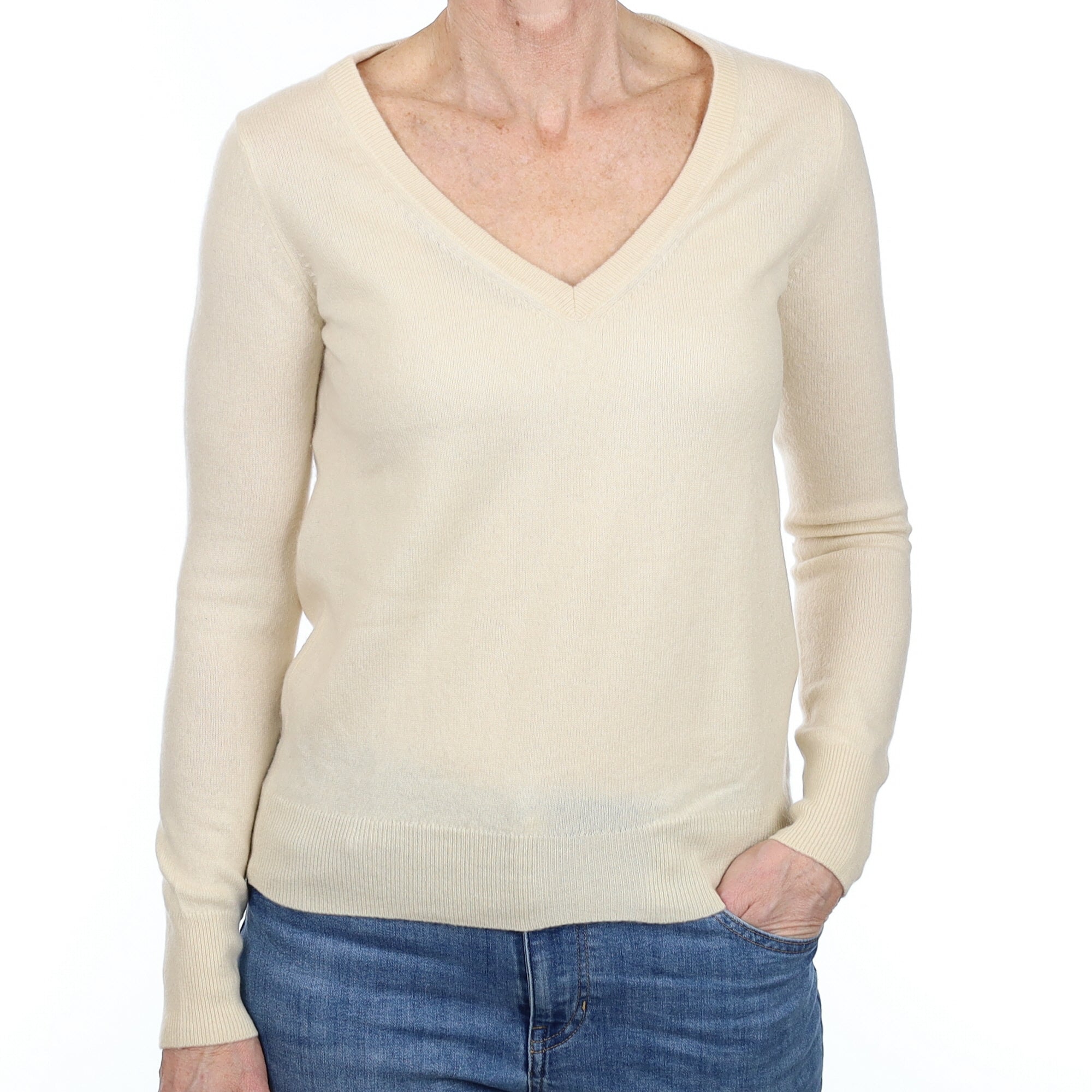 Honey Cream Cashmere V Neck Jumper Small