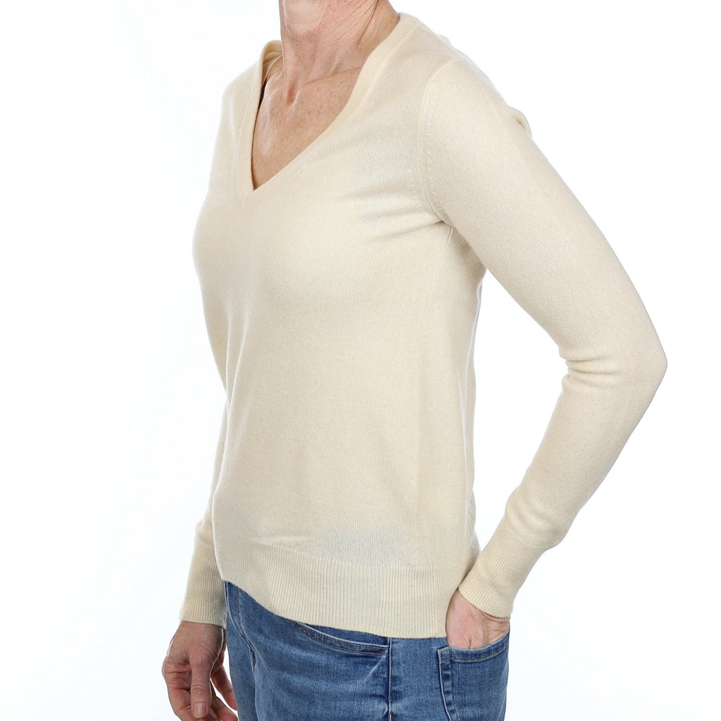 Honey Cream Cashmere V Neck Jumper Small