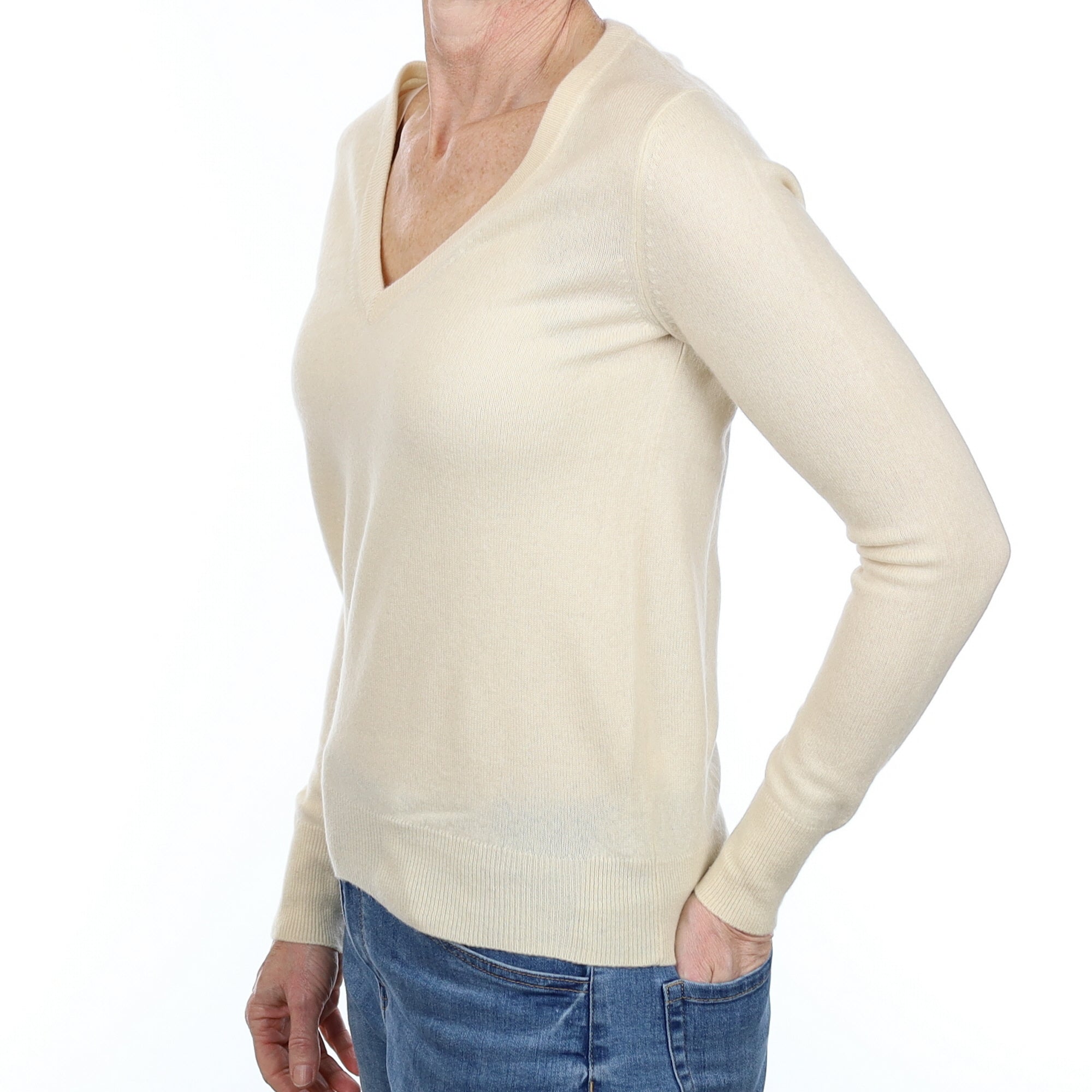 Honey Cream Cashmere V Neck Jumper Small
