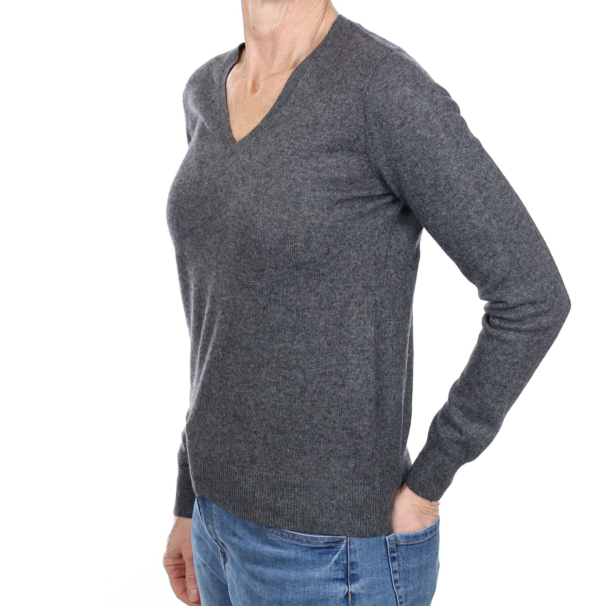 Slate Grey Cashmere V Neck Jumper Small